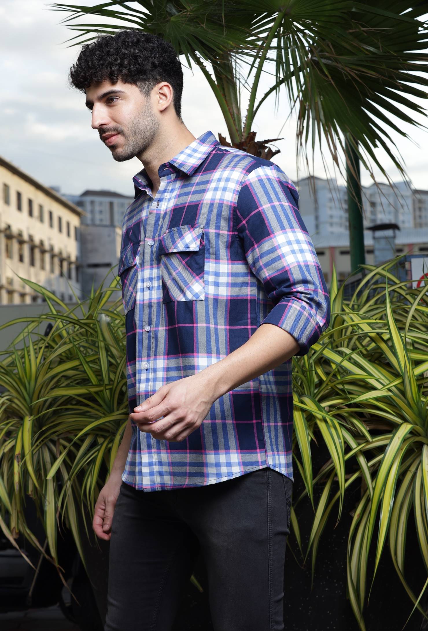 Navy Check Double Pocket Flannel Shirt