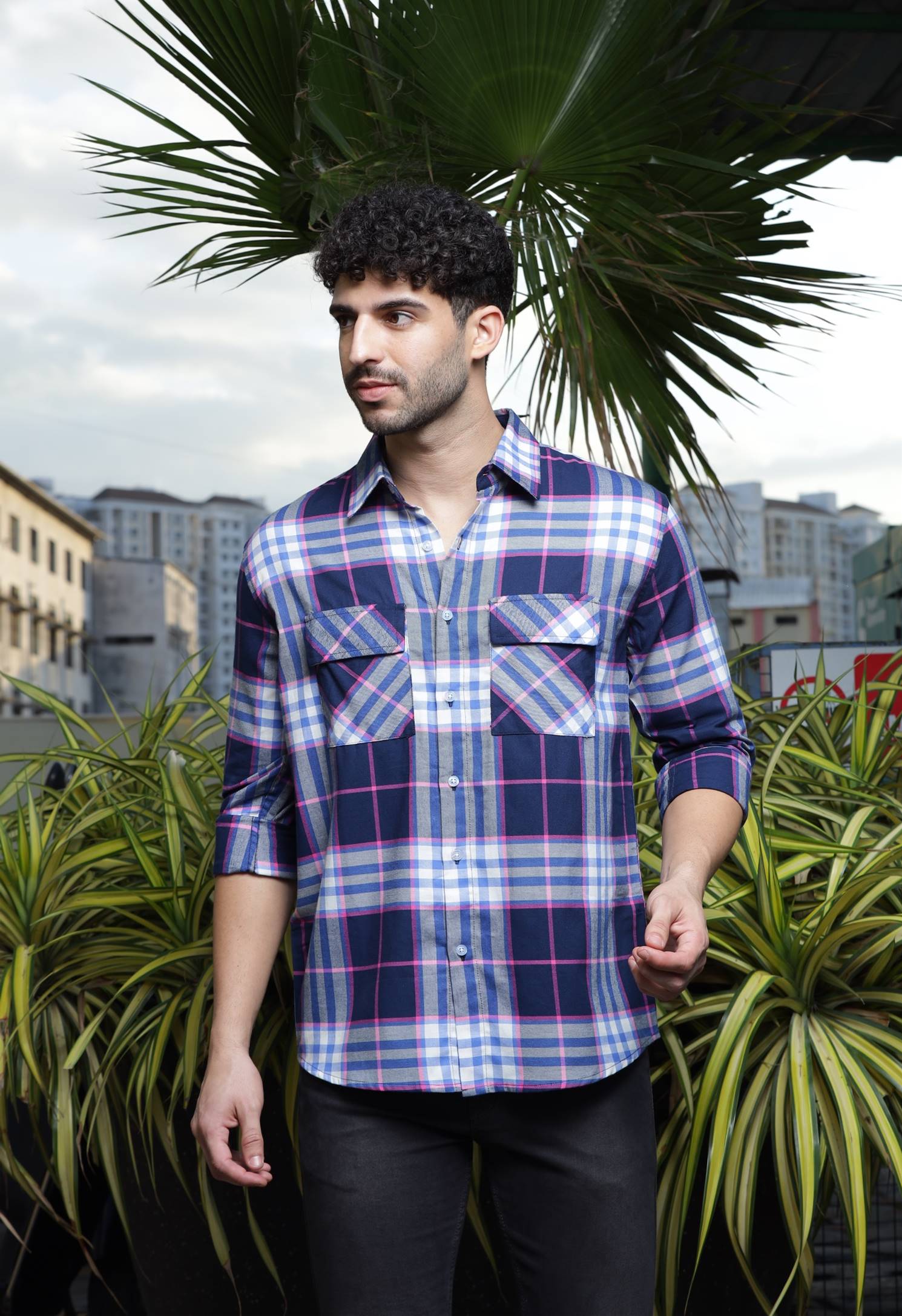 Navy Check Double Pocket Flannel Shirt