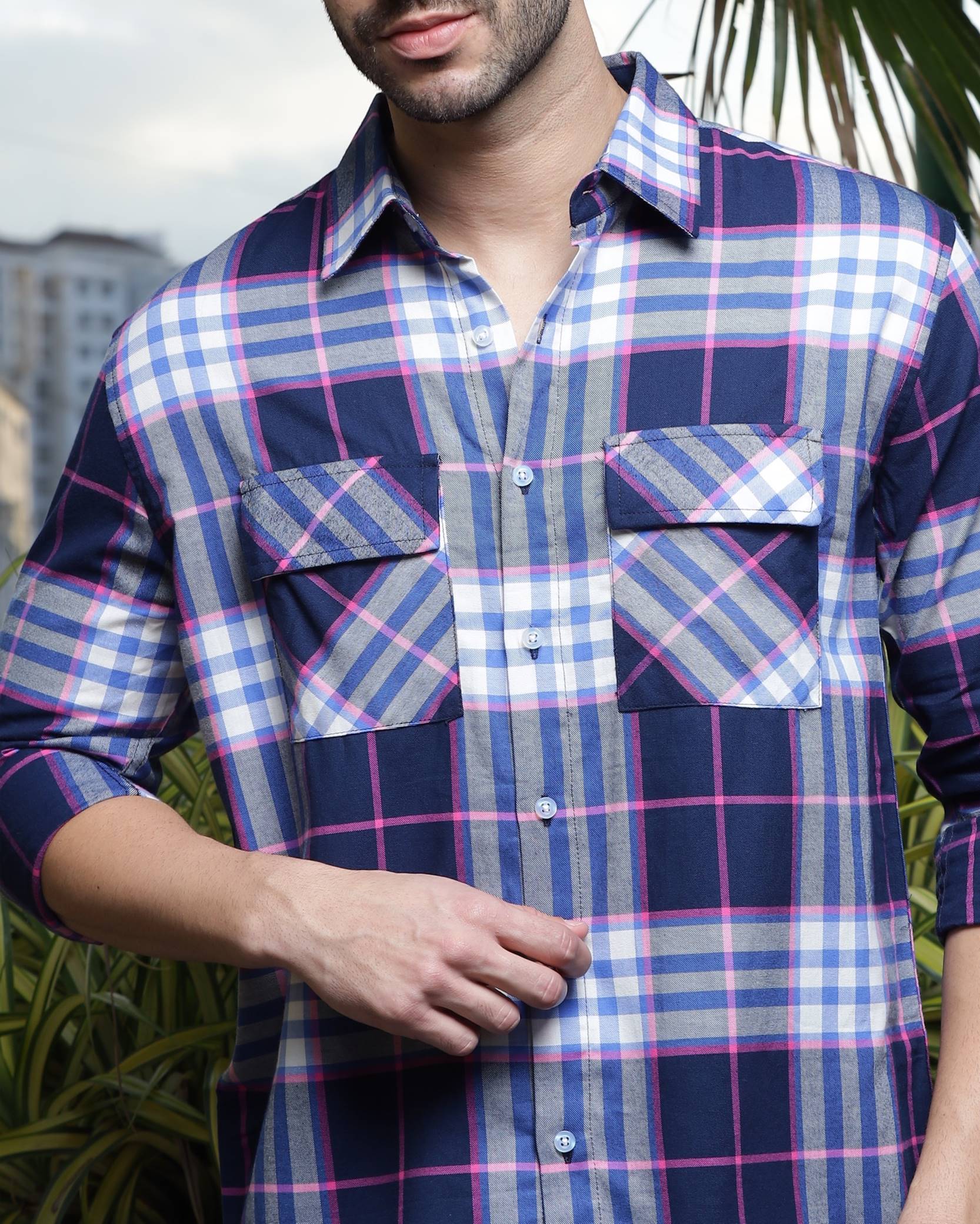 Navy Check Double Pocket Flannel Shirt