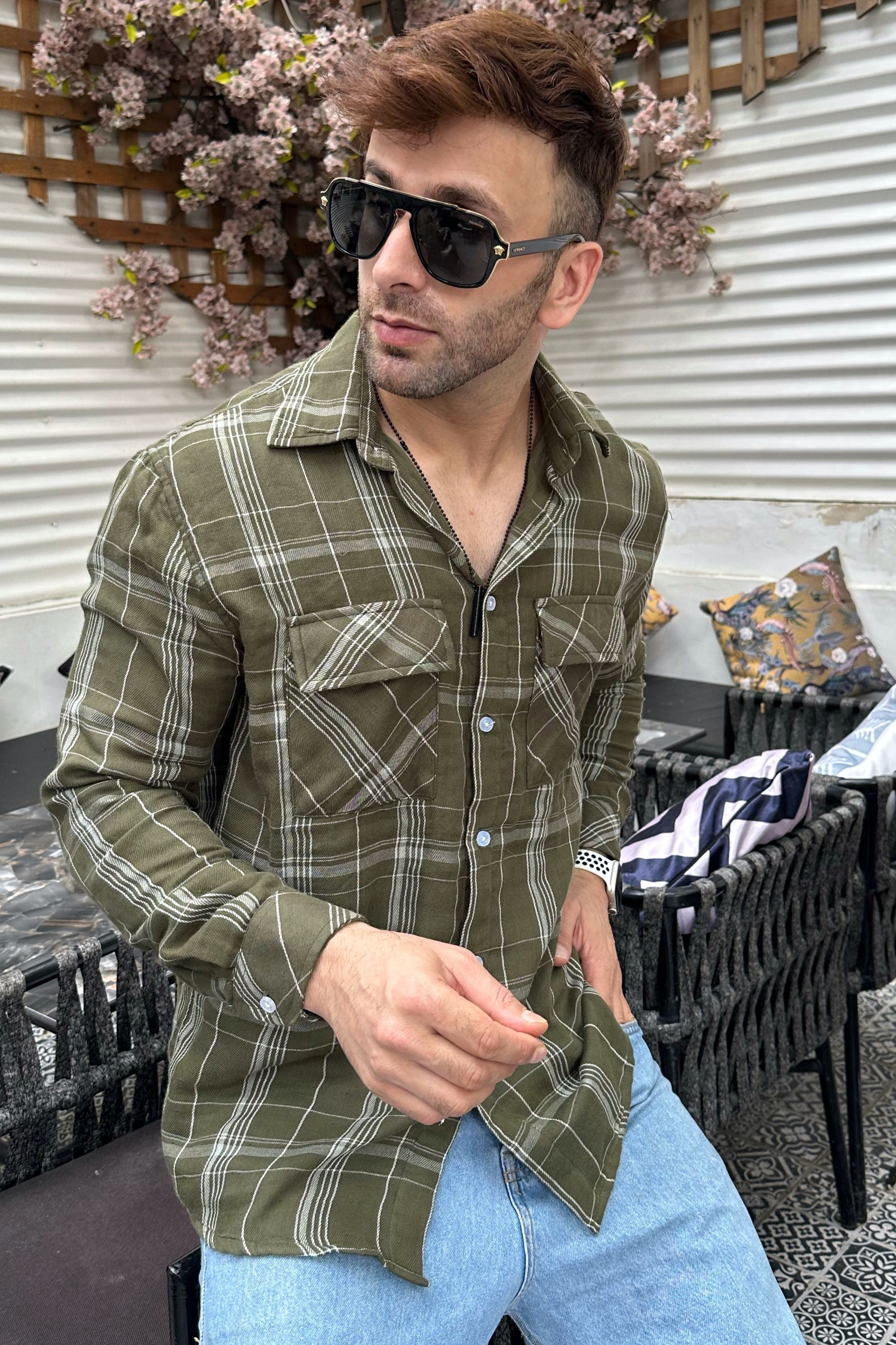 Olive Check Double Pocket Shirt