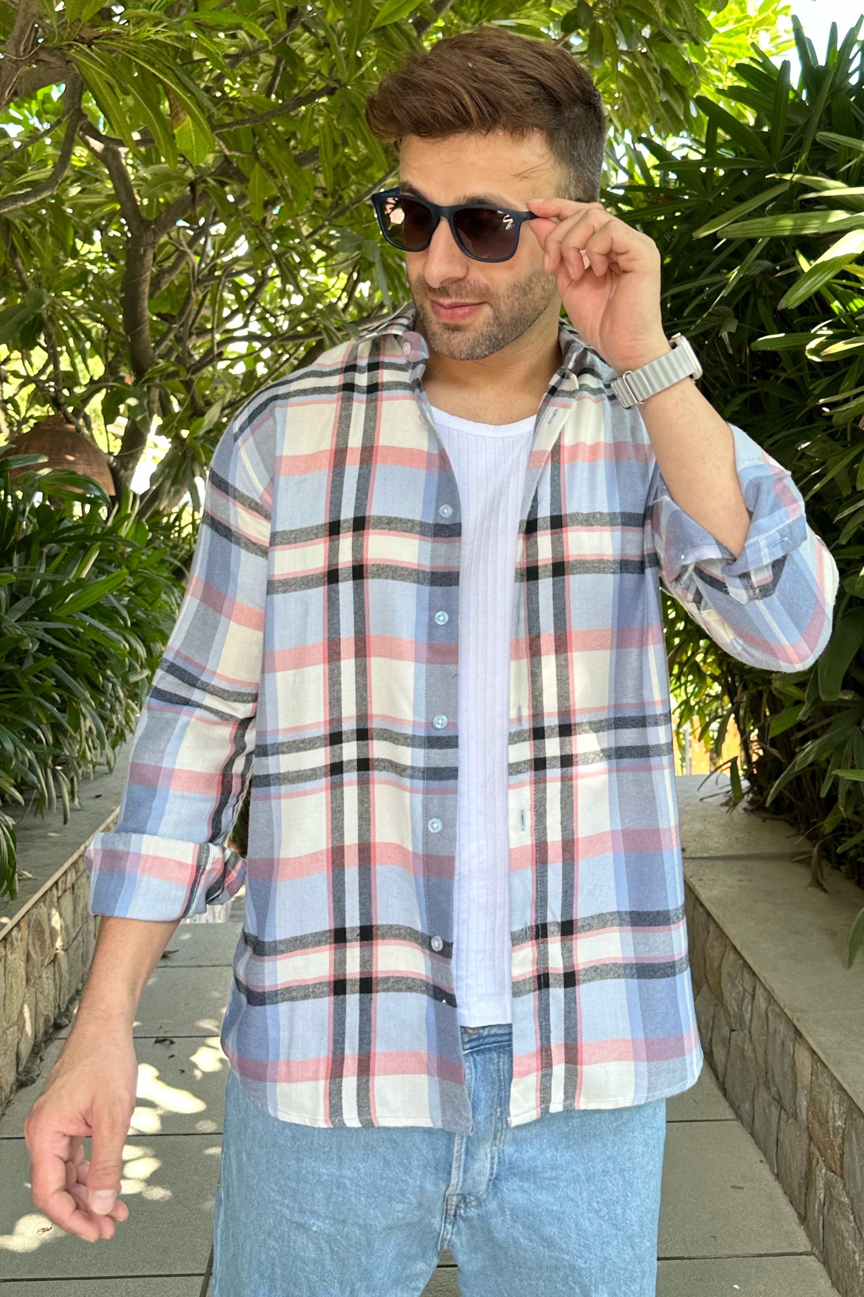 Blue Double Cloth Check Cotton Shirt