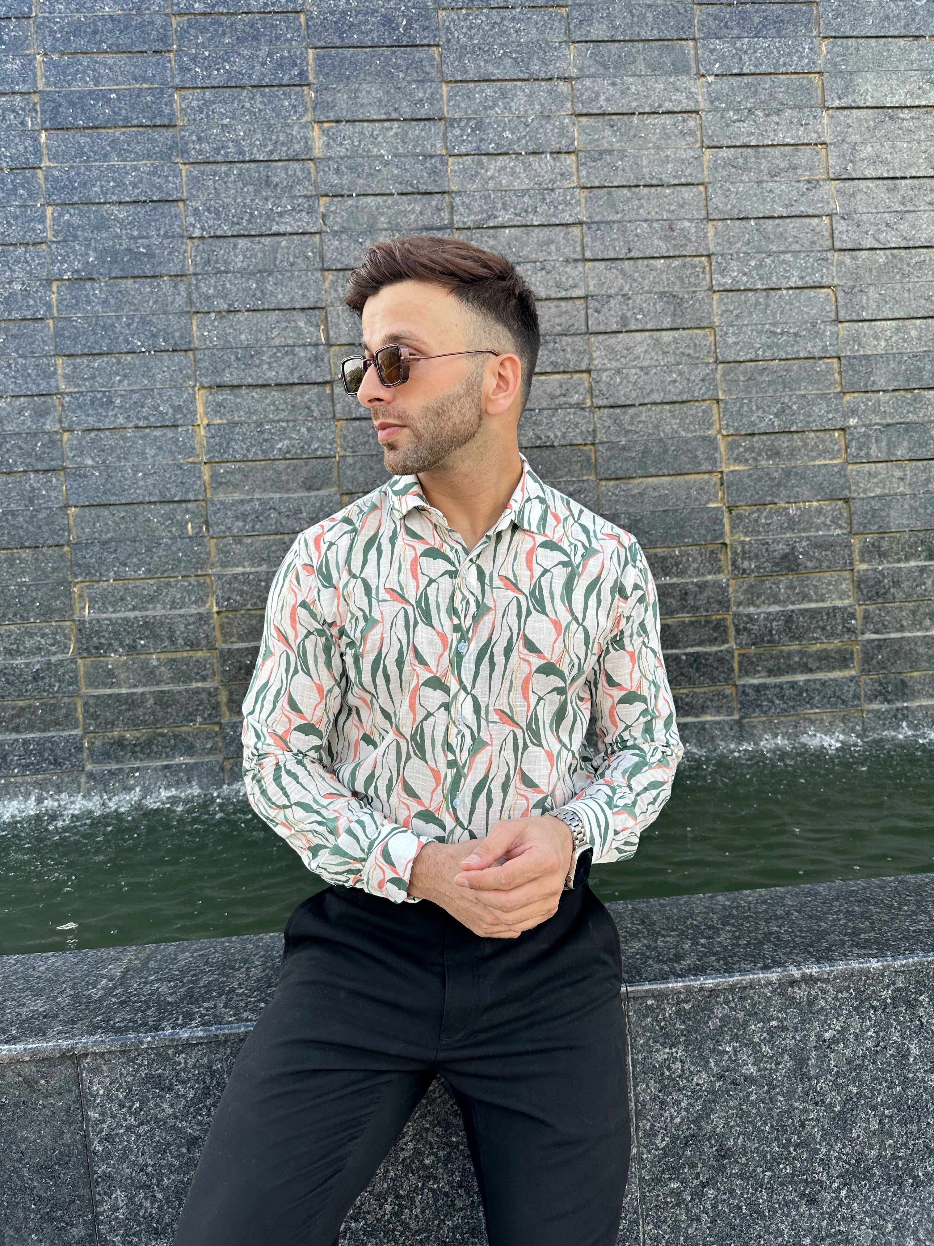 White Green "Leaf" Floral Cotton Shirt