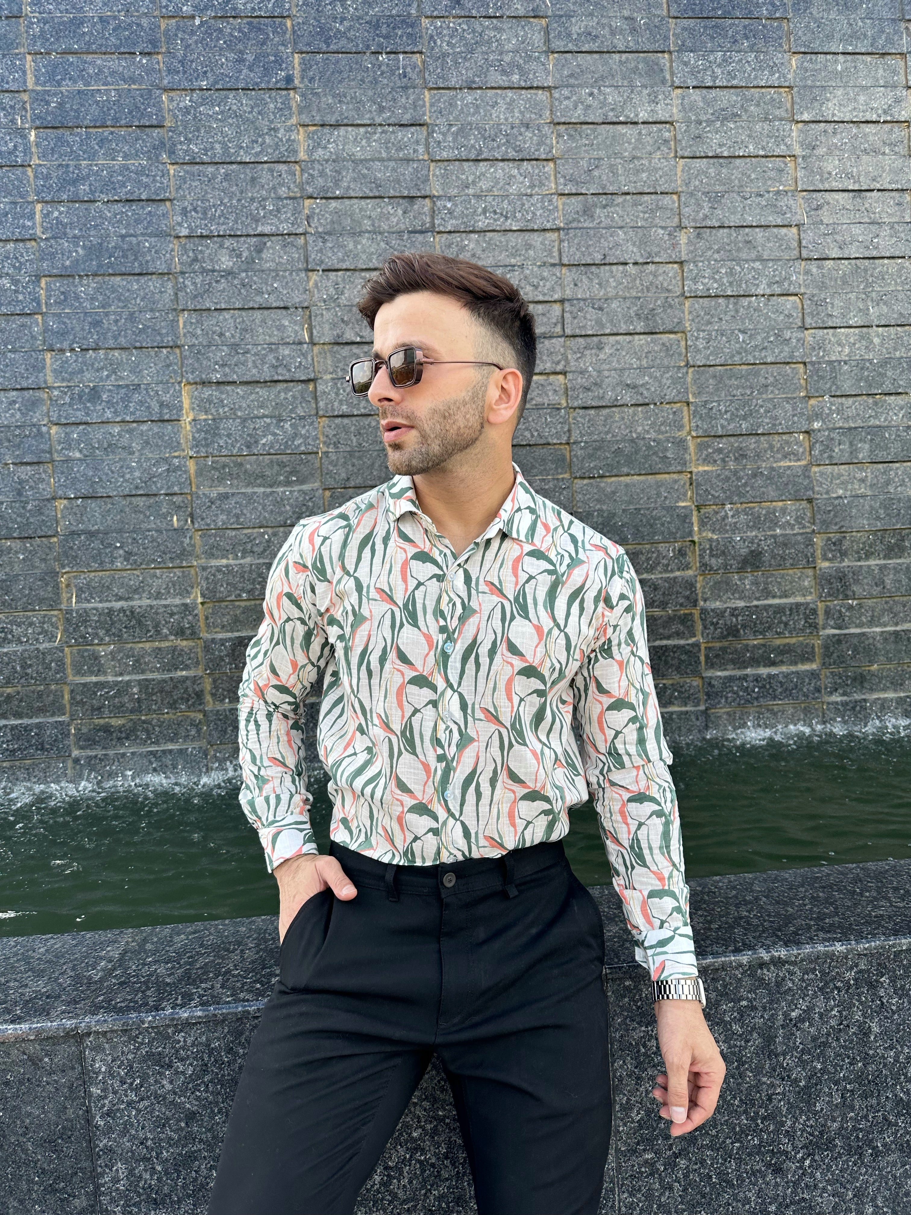 White Green "Leaf" Floral Cotton Shirt