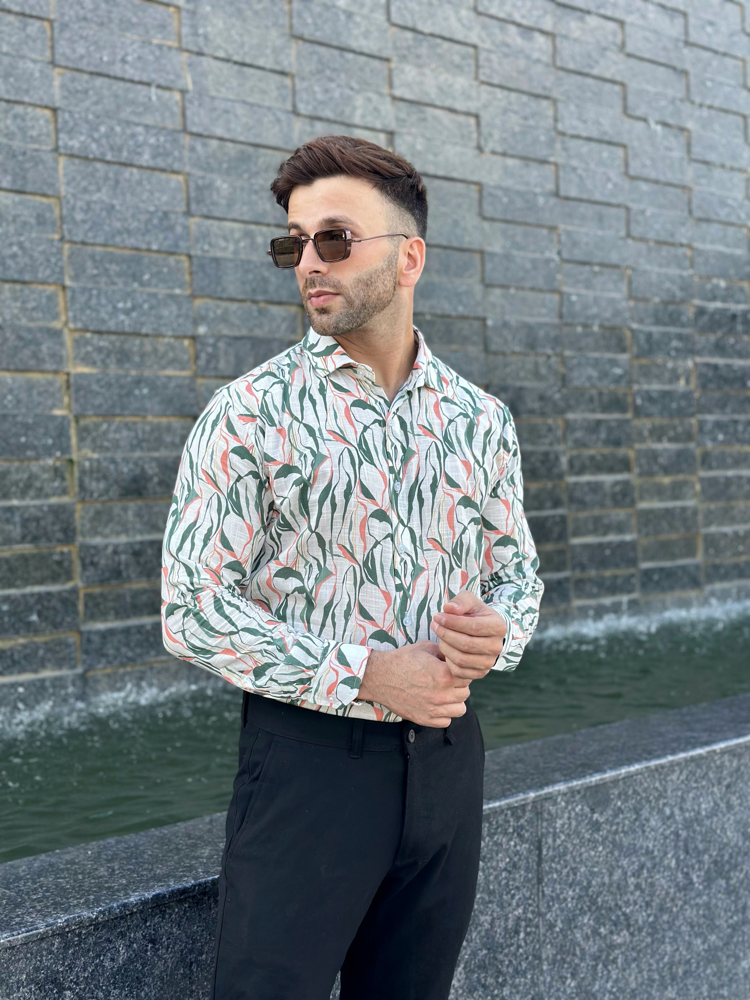 White Green "Leaf" Floral Cotton Shirt