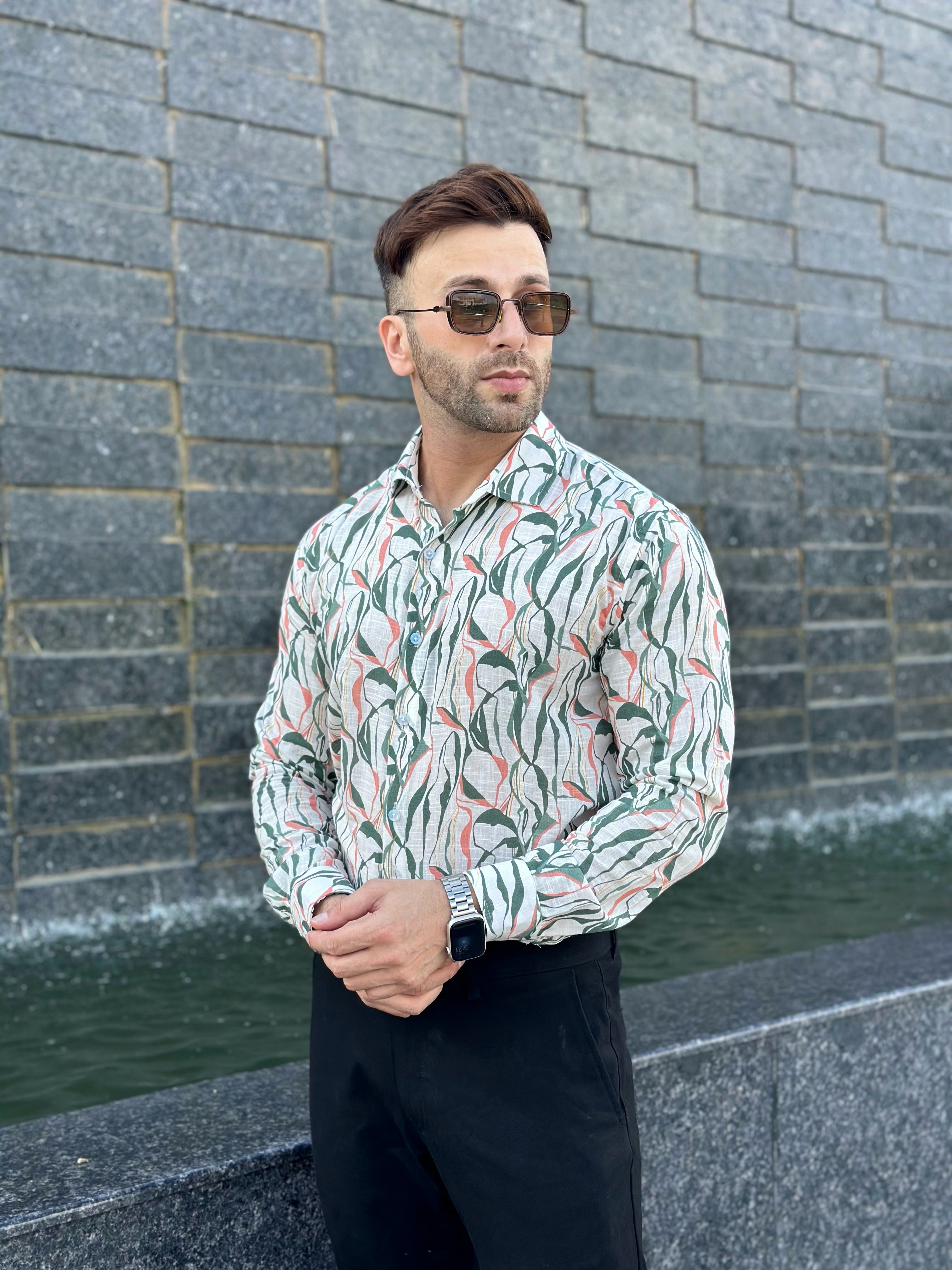 White Green "Leaf" Floral Cotton Shirt