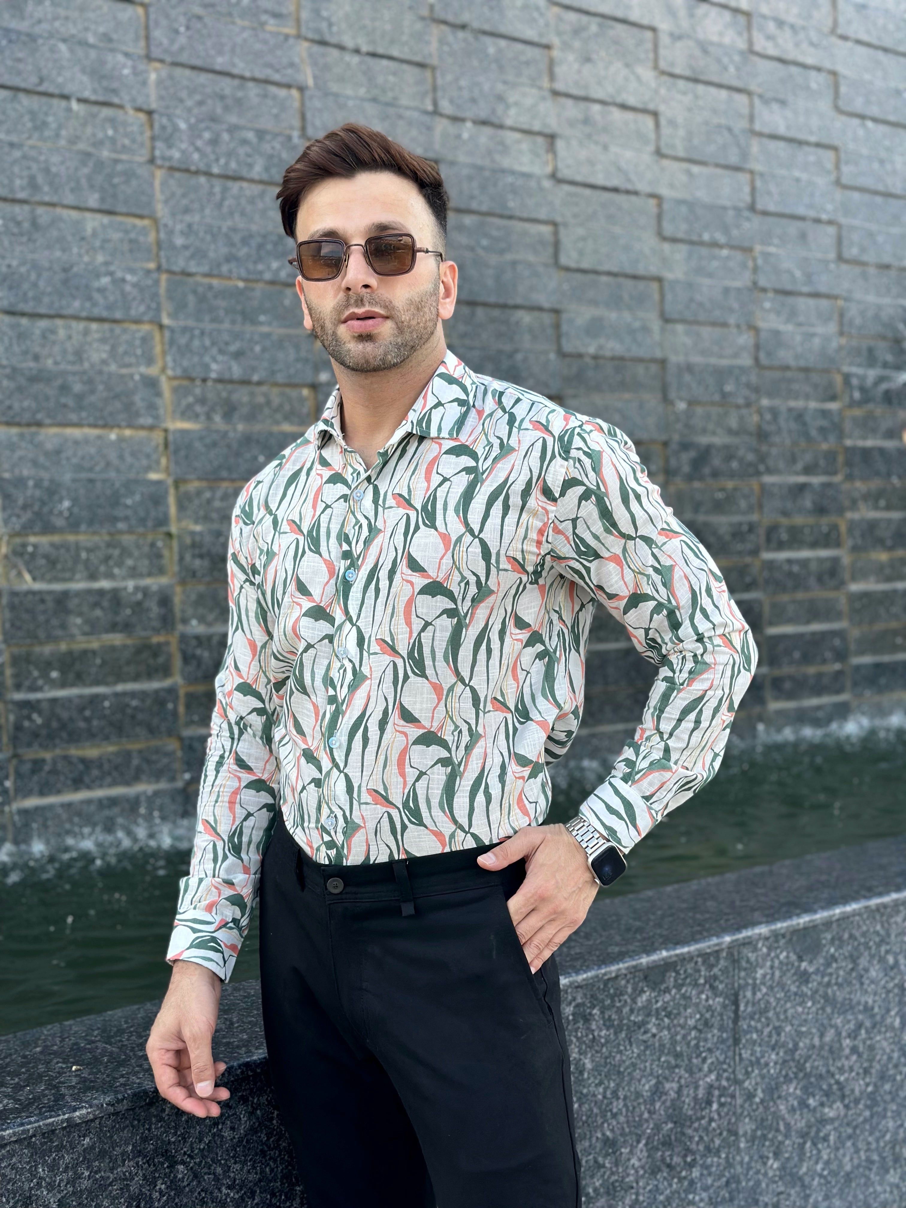 White Green "Leaf" Floral Cotton Shirt