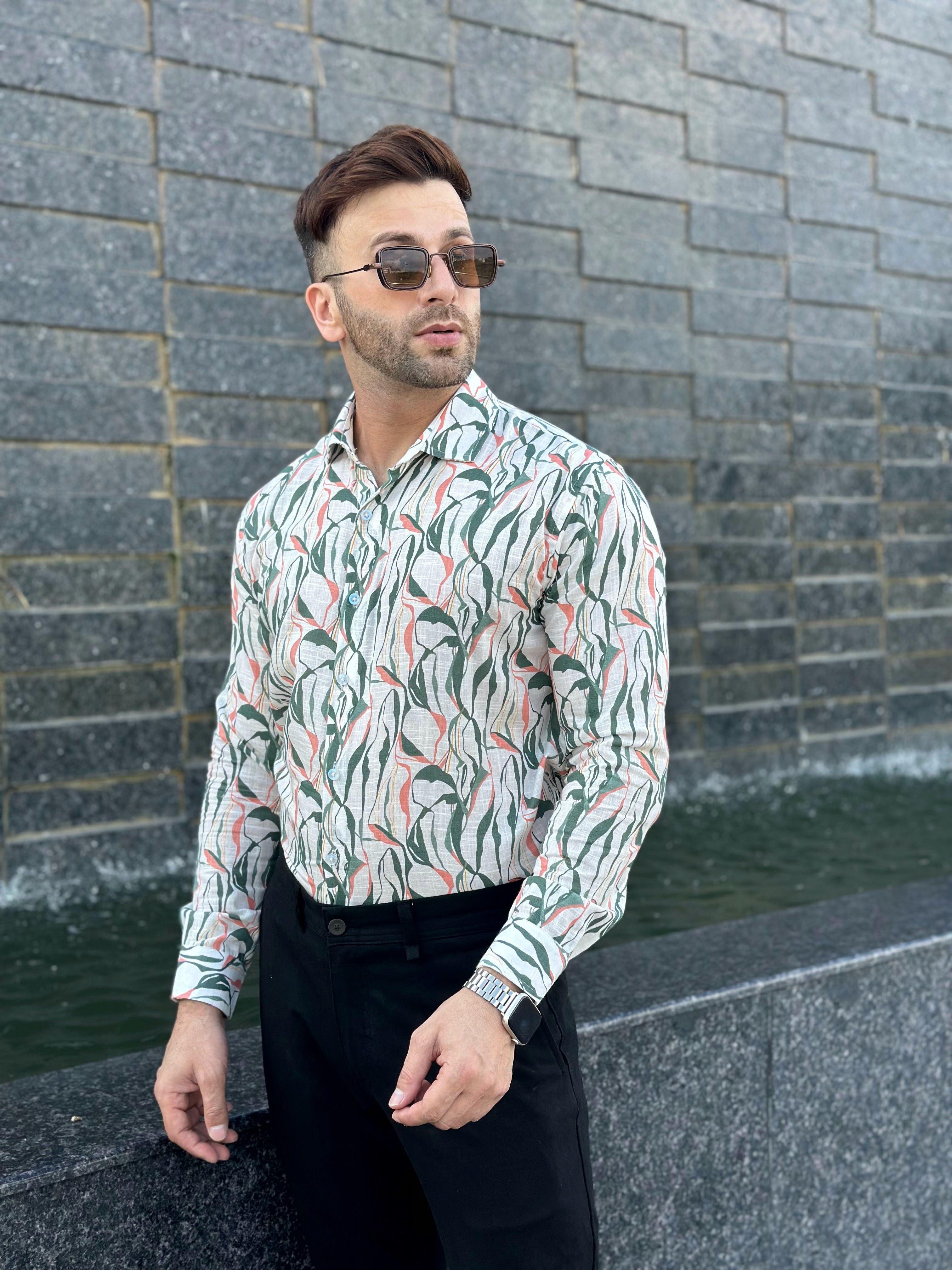 White Green "Leaf" Floral Cotton Shirt