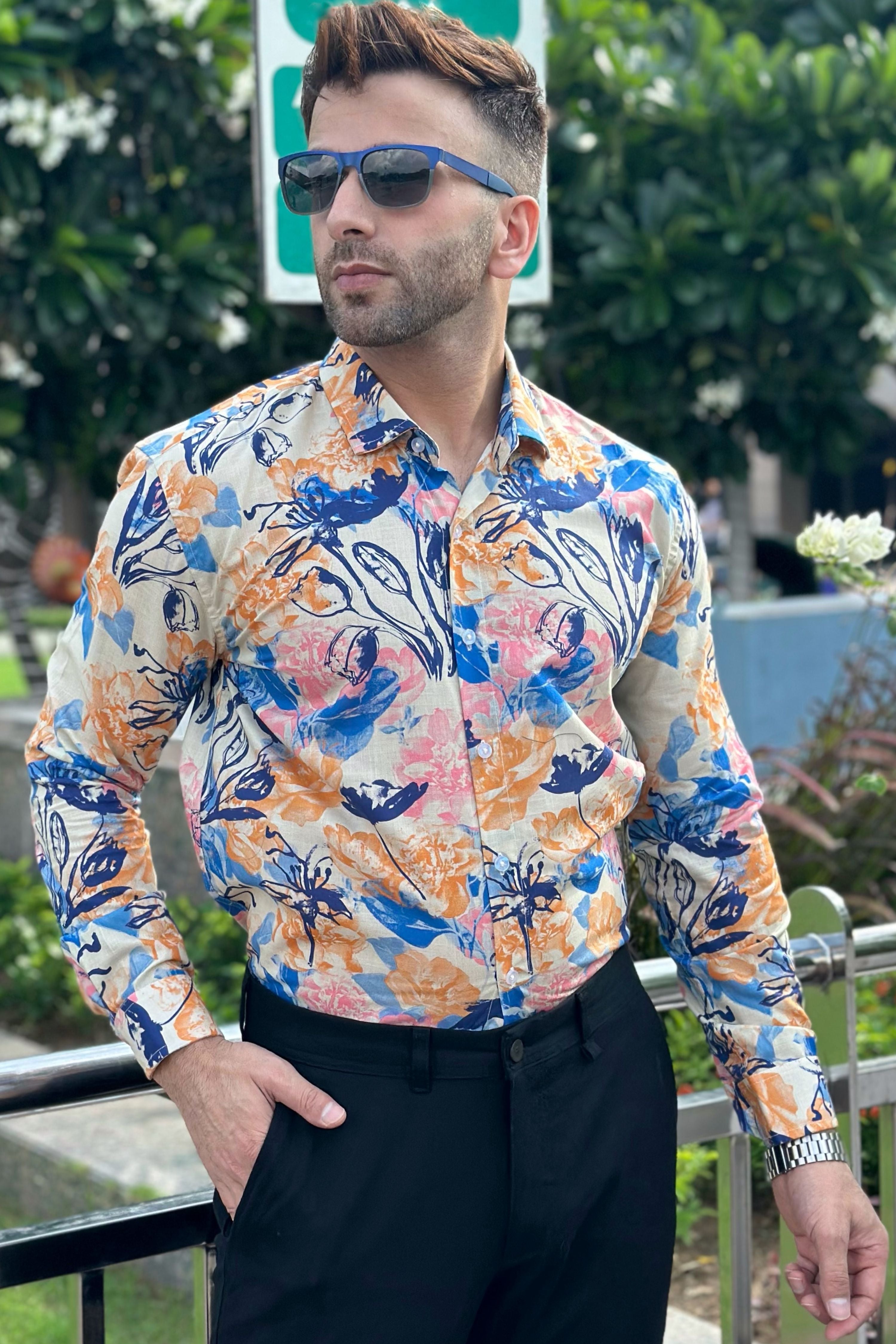 White Blue Floral Cotton Shirt