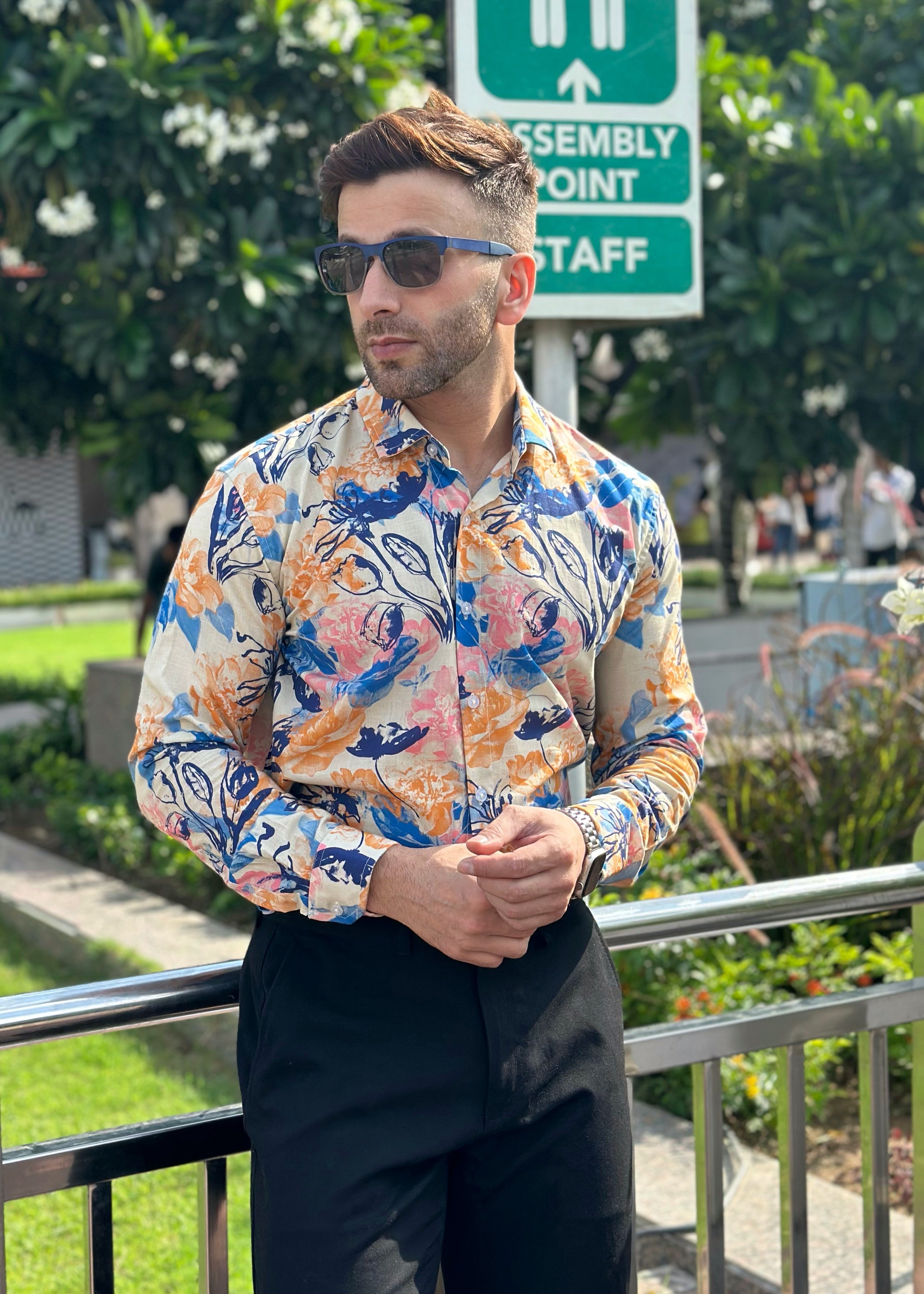 White Blue Floral Cotton Shirt