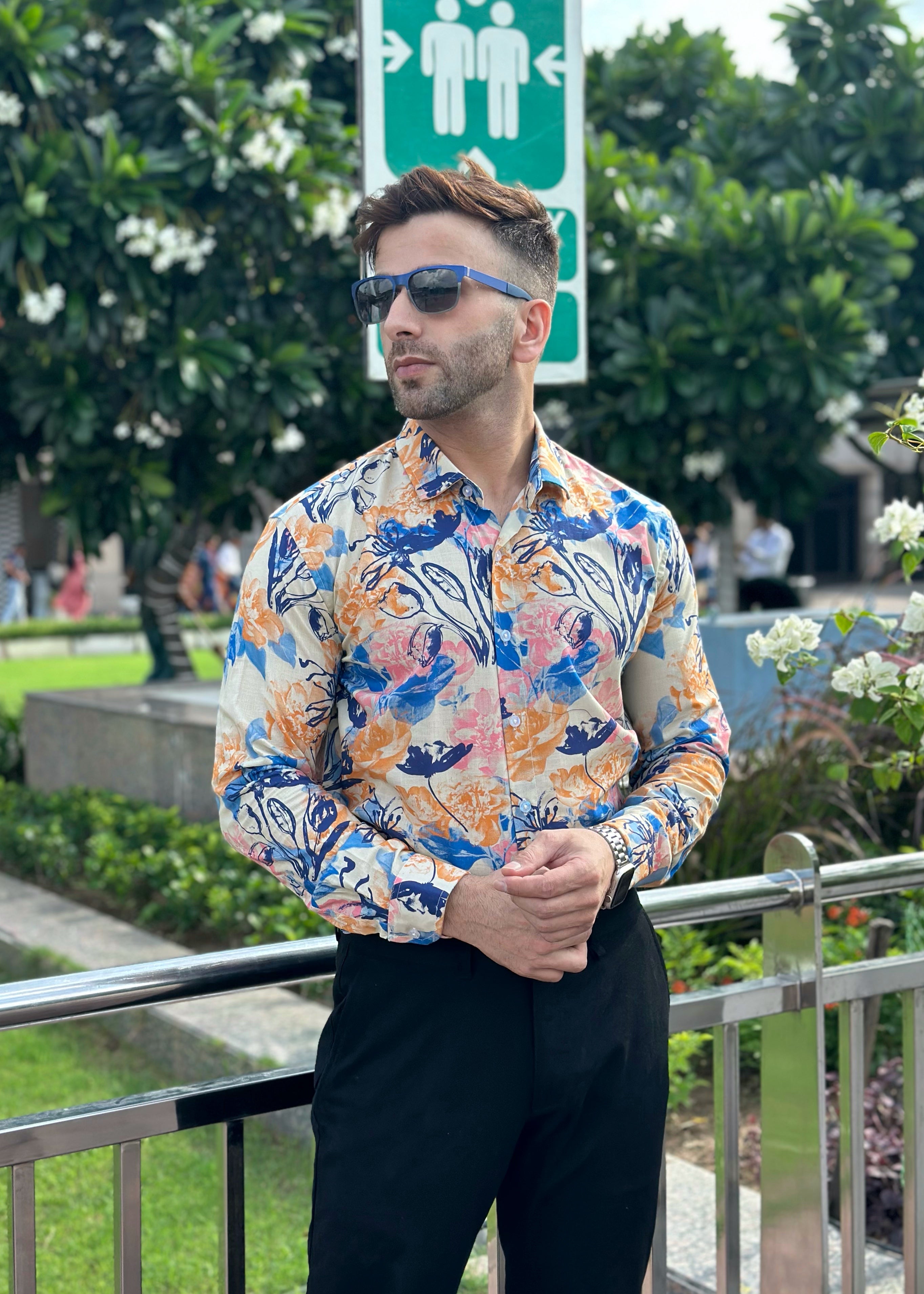 White Blue Floral Cotton Shirt