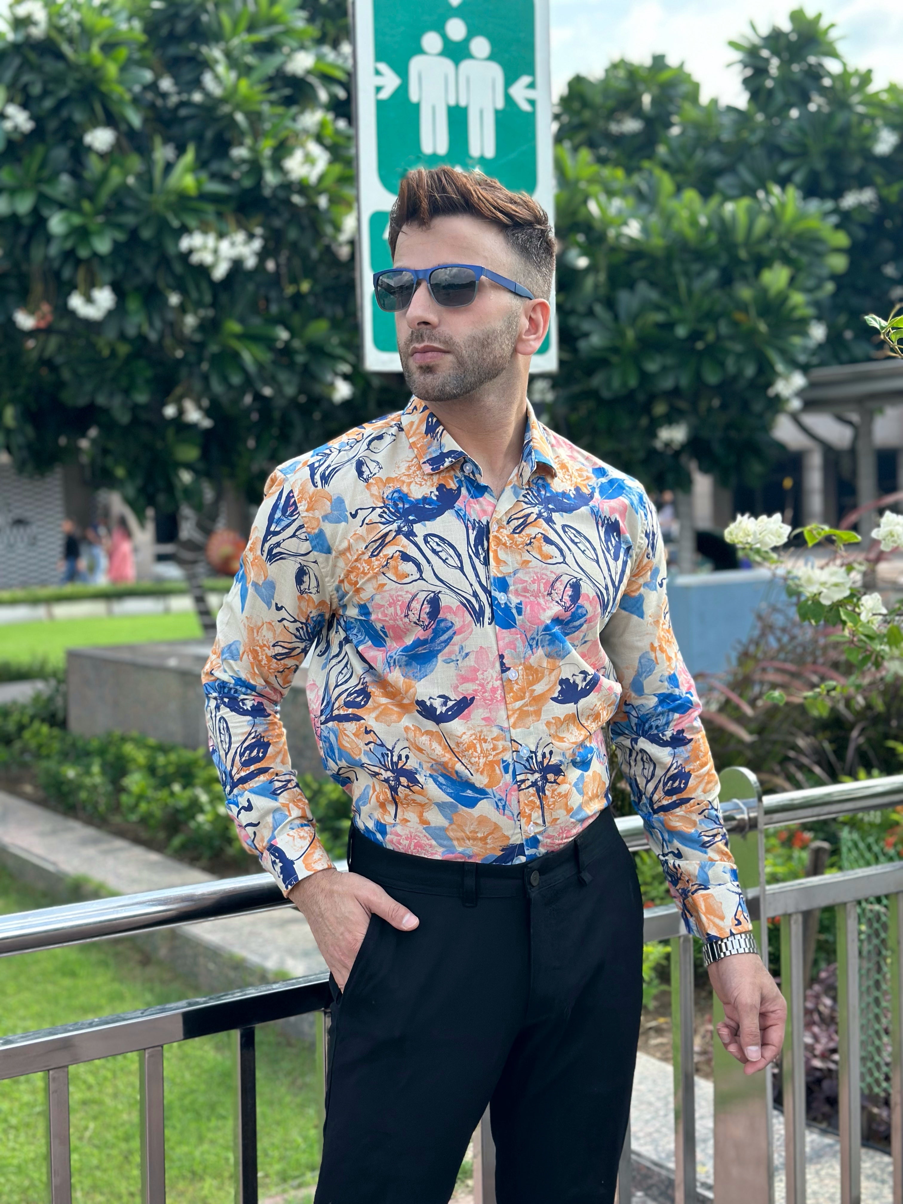 White Blue Floral Cotton Shirt