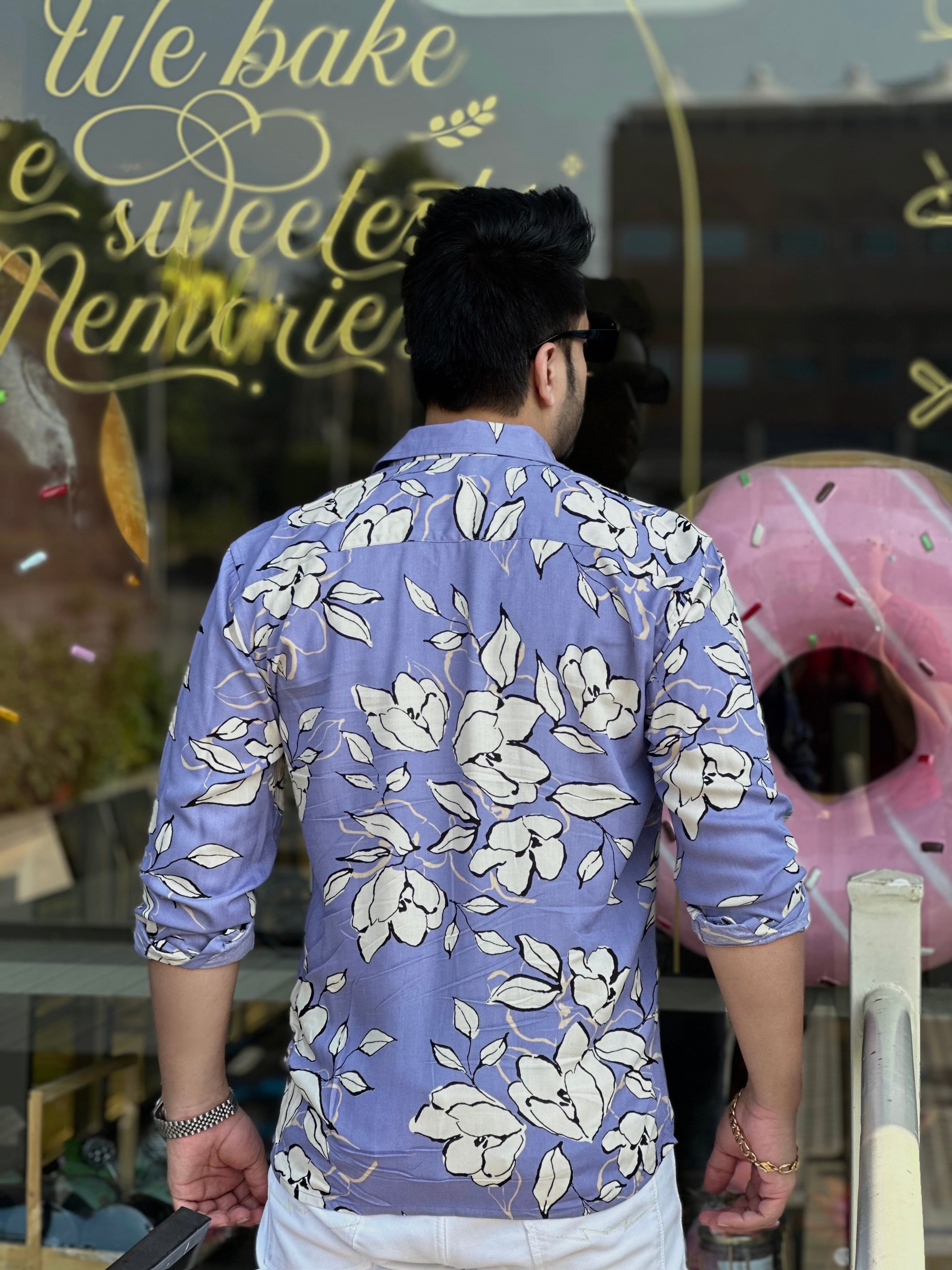 Sky Blue White Floral Rayon Shirt