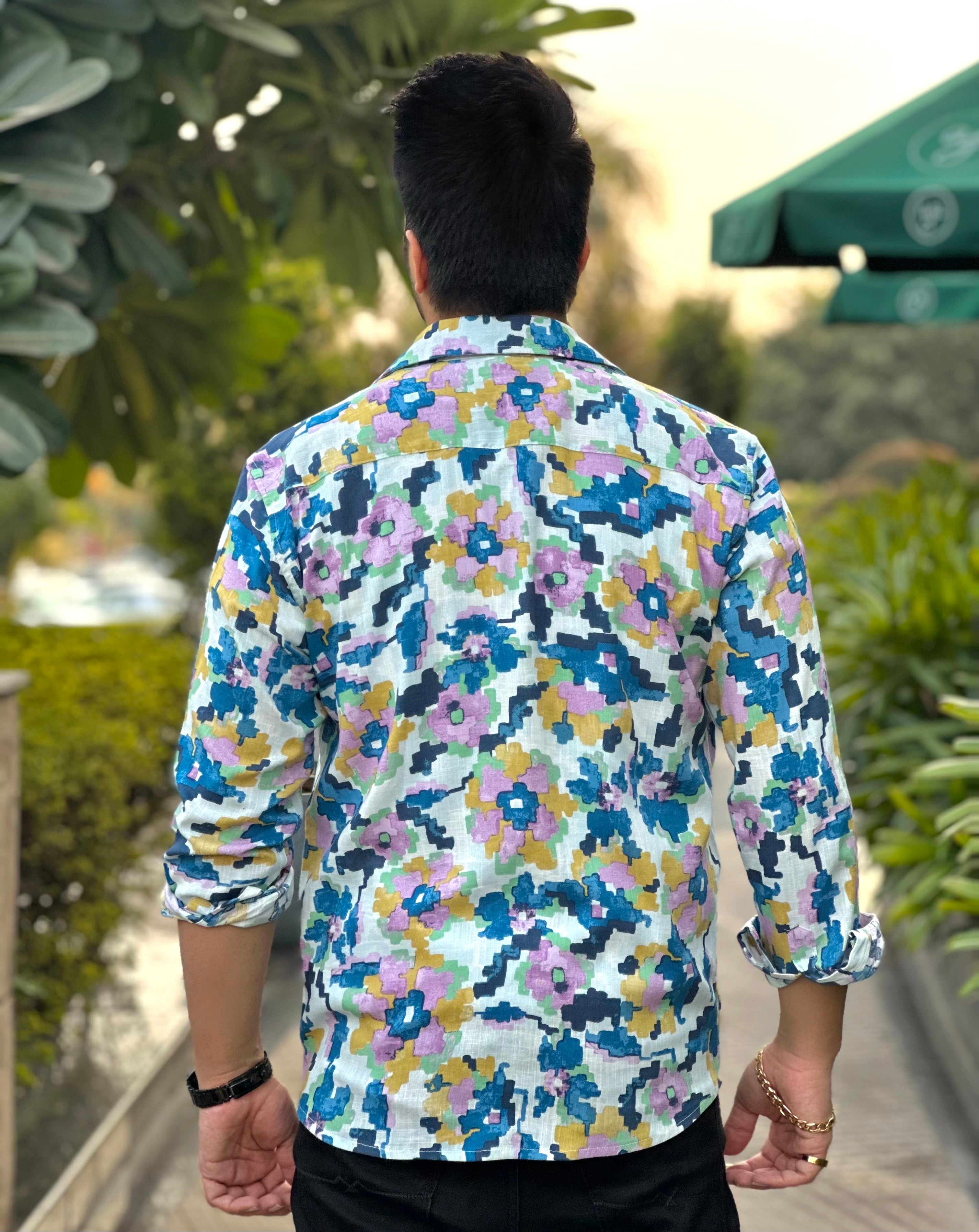 Gritsotnes Men Regular Full Sleeve White Yellow Floral  Shirt