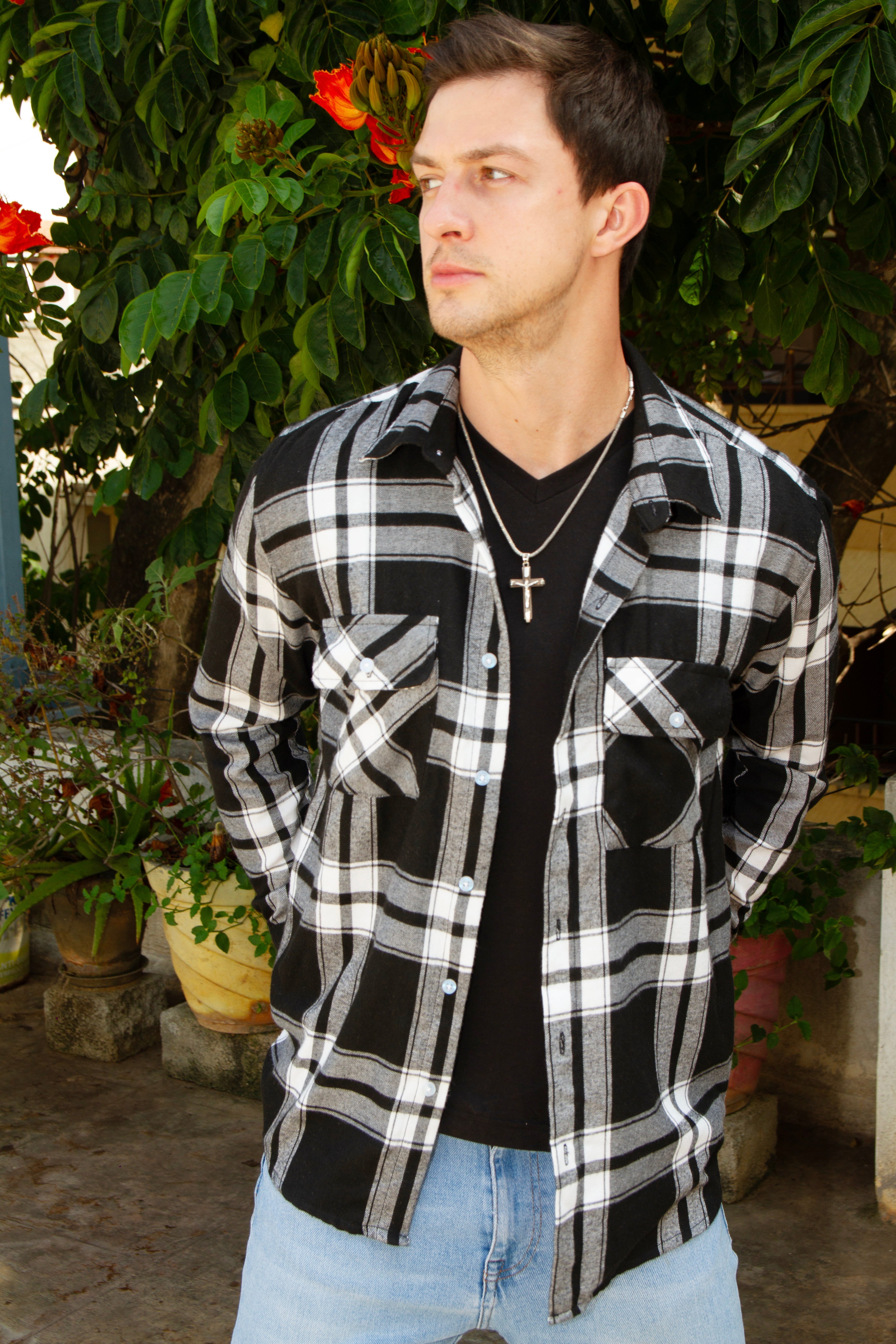 Black White Check Double Pocket Flannel Shirt