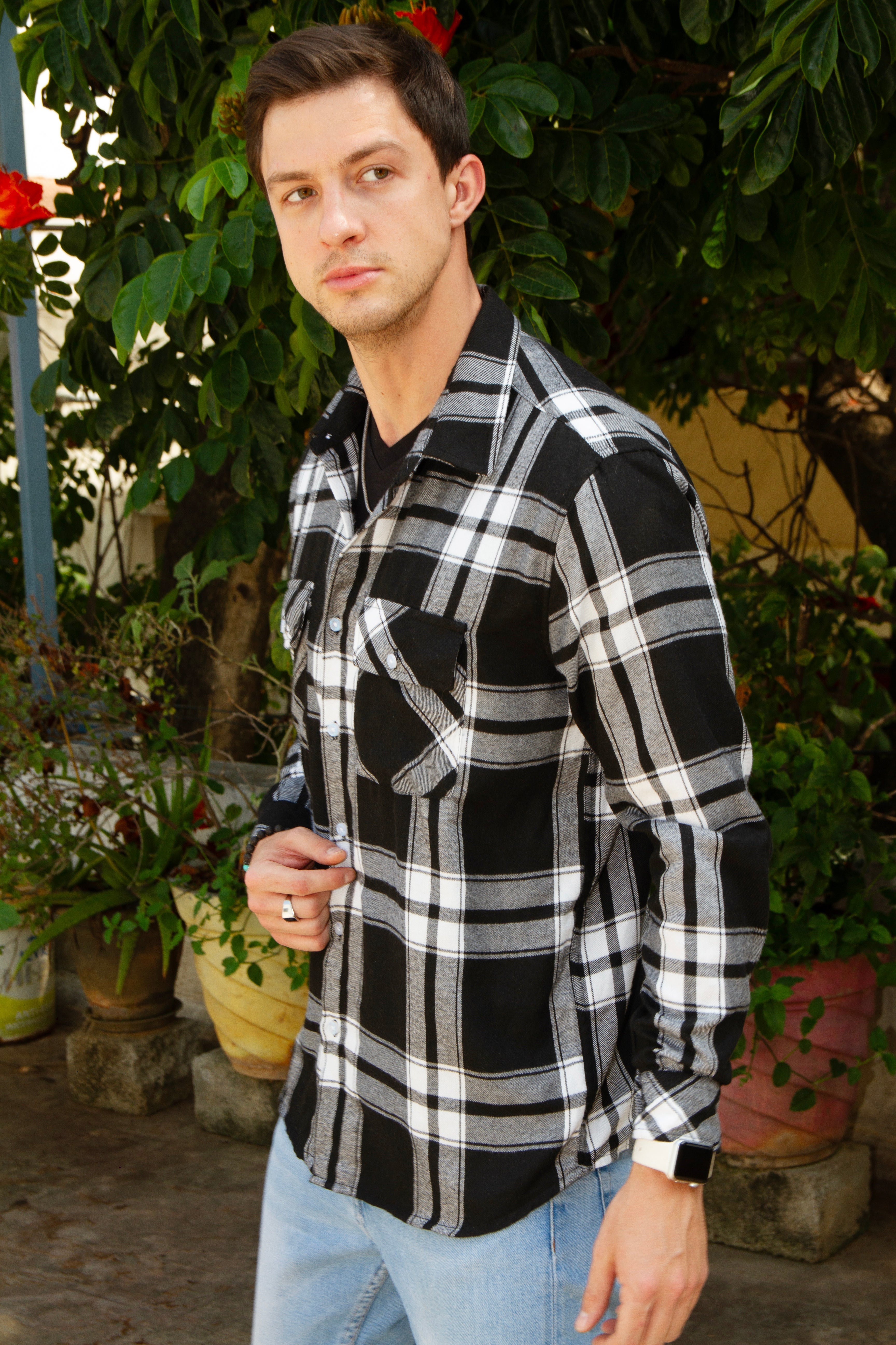 Black White Check Double Pocket Flannel Shirt