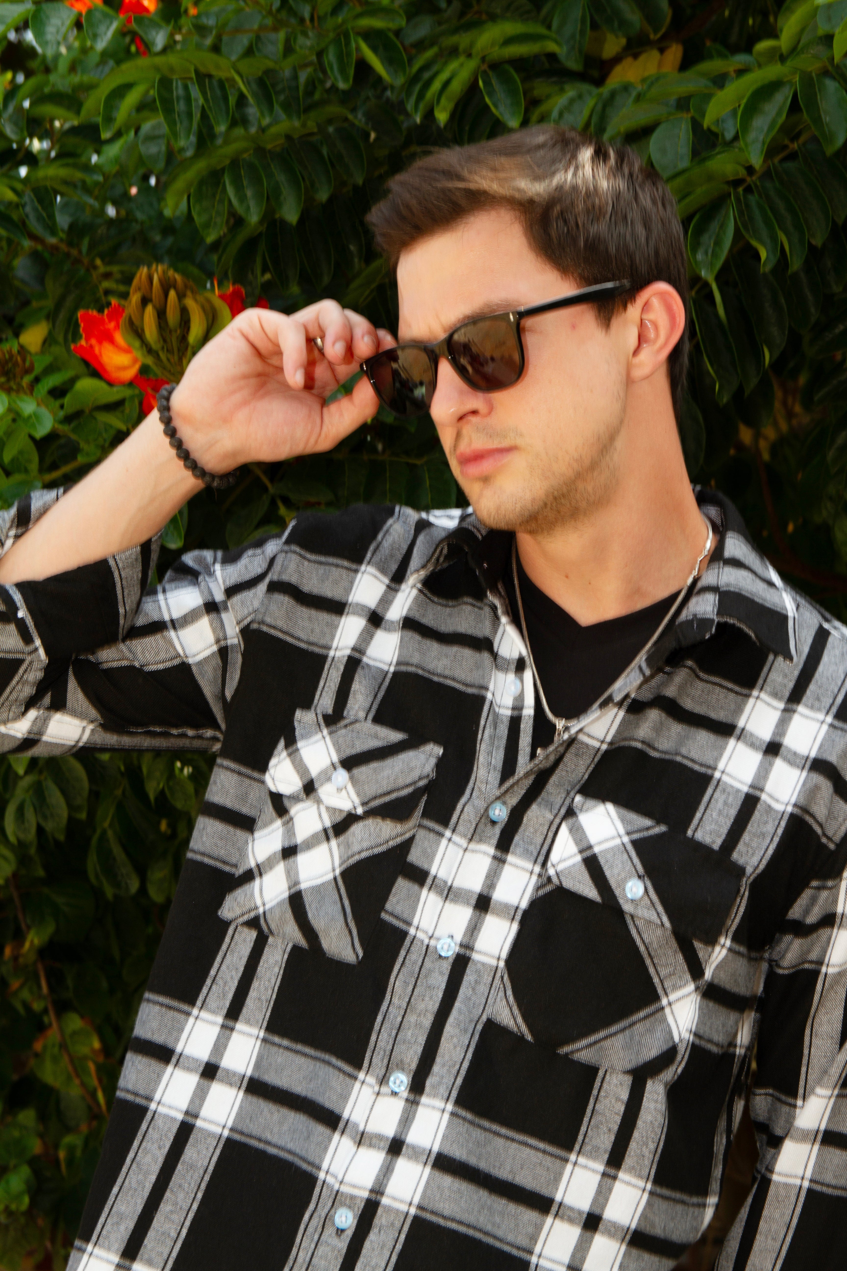 Black White Check Double Pocket Flannel Shirt