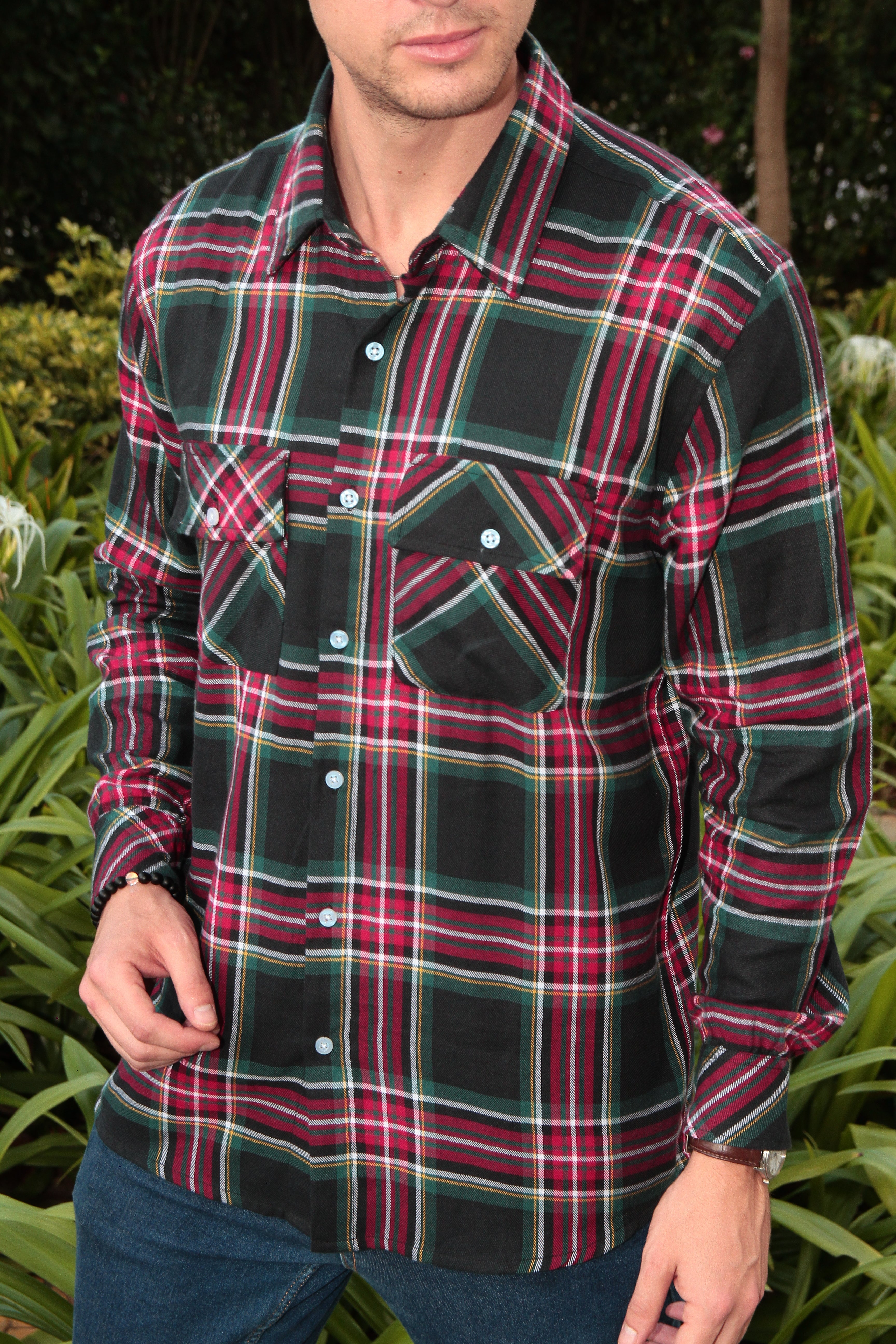 Black Check Double Pocket Flannel Shirt