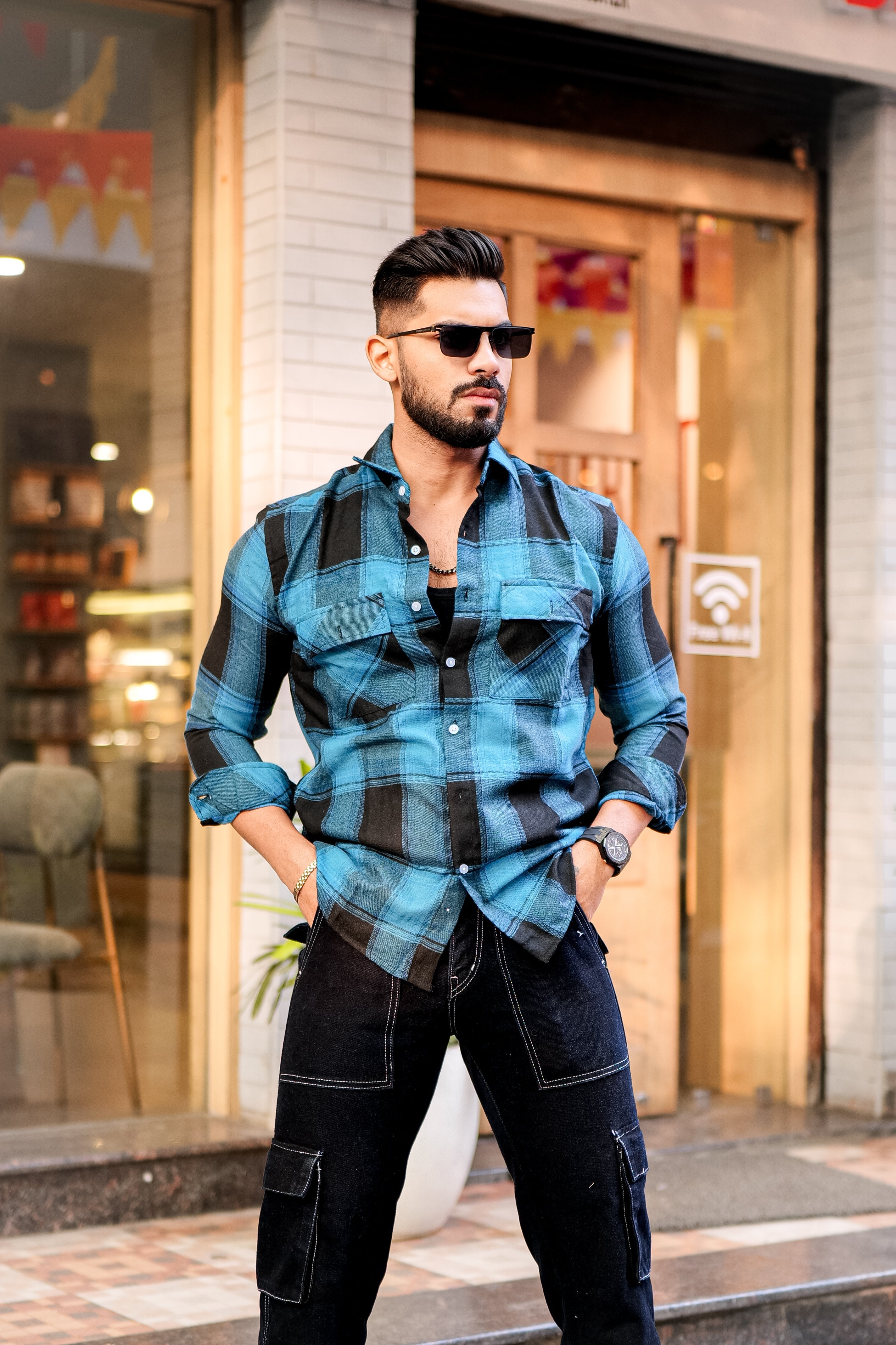 Teal Blue Check Double Pocket Flannel Shirt