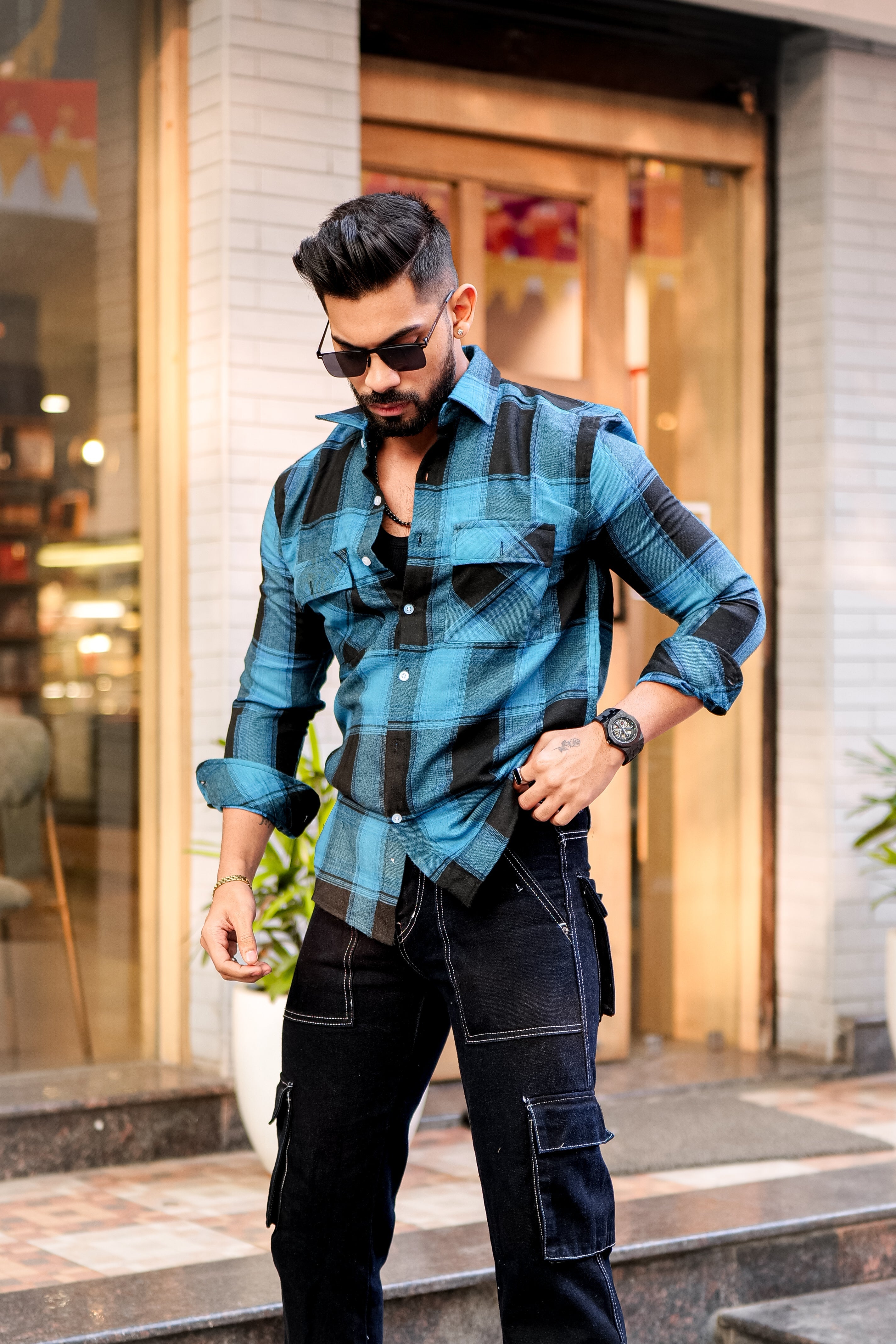 Teal Blue Check Double Pocket Flannel Shirt