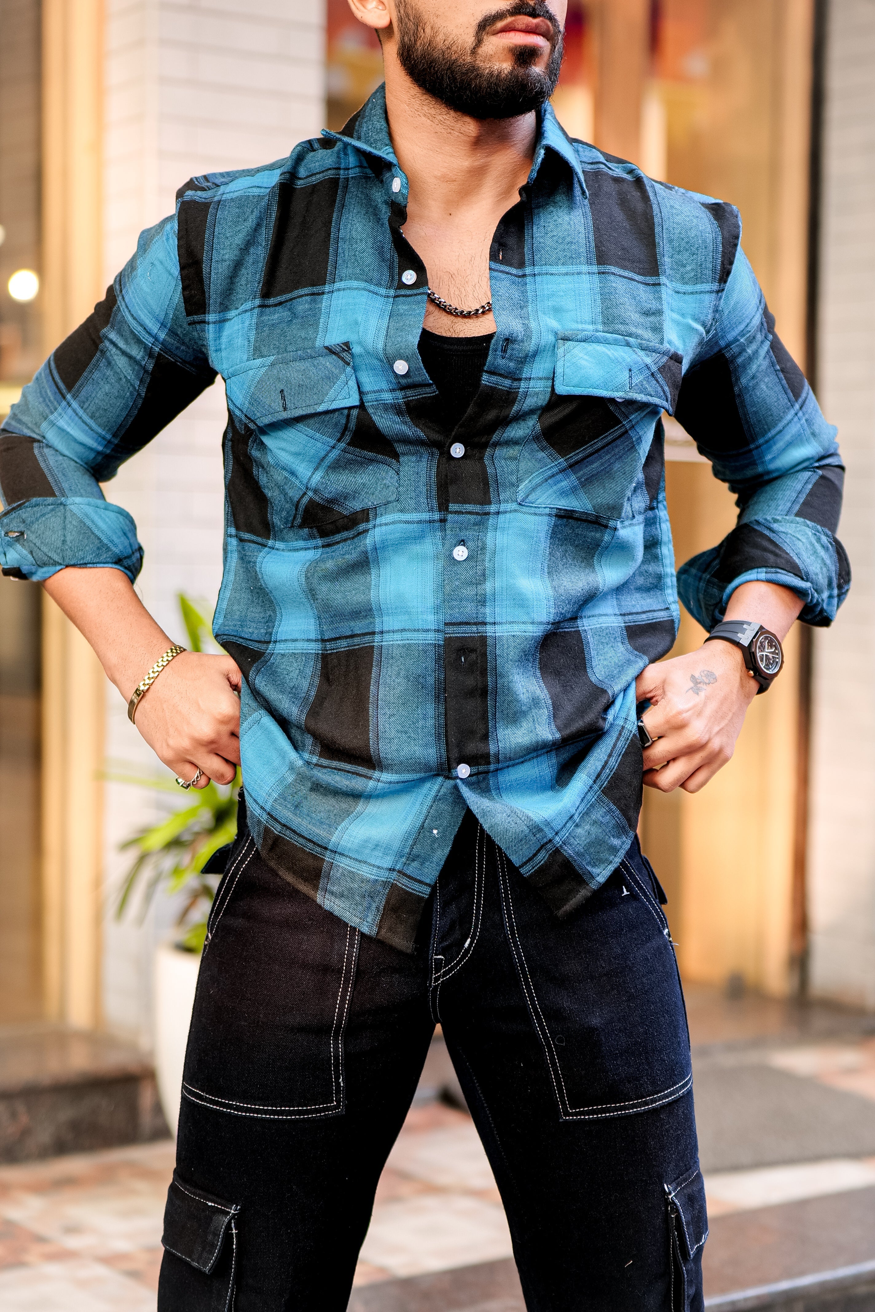 Teal Blue Check Double Pocket Flannel Shirt