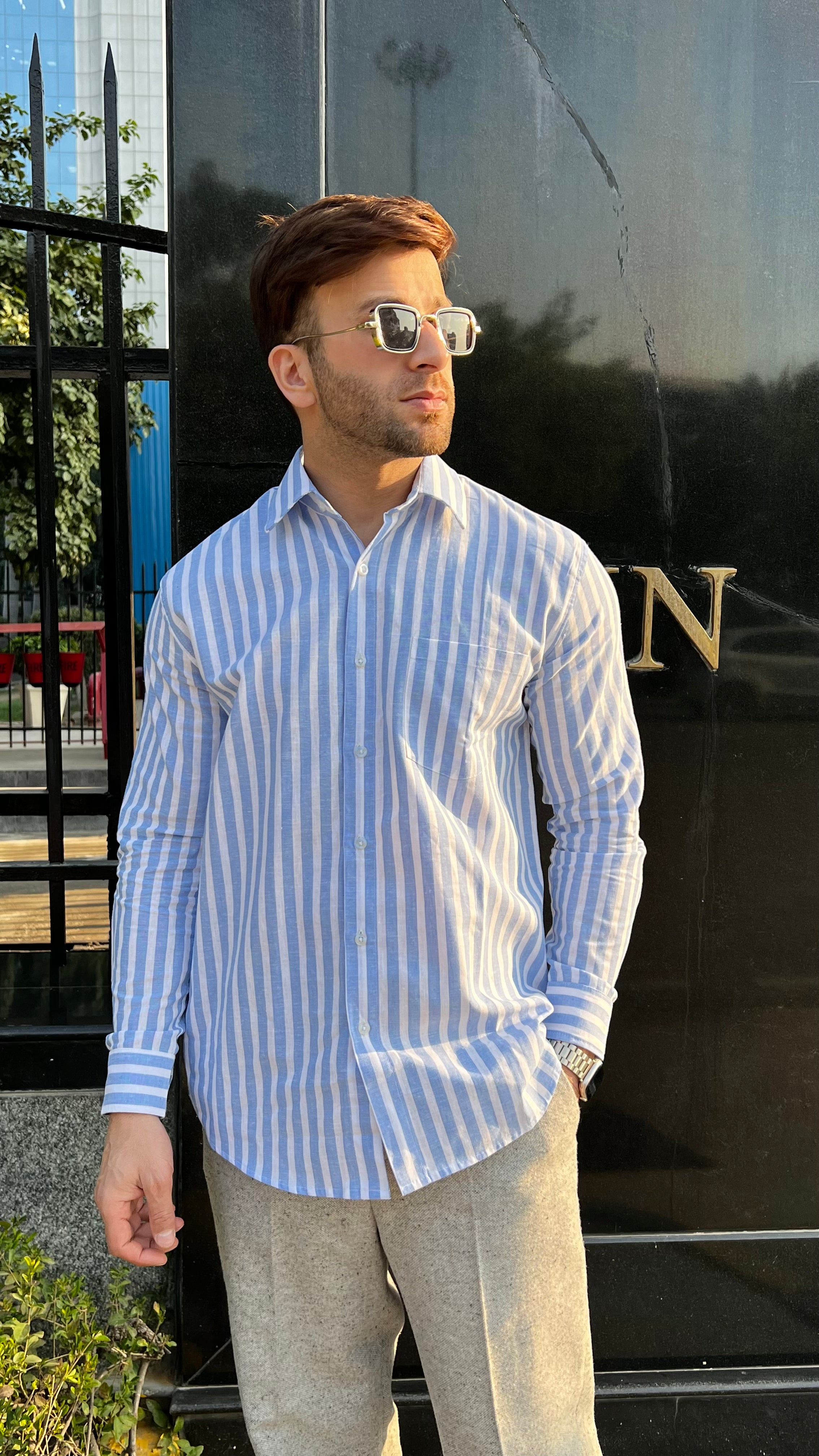 Blue White Striped Linen Shirt