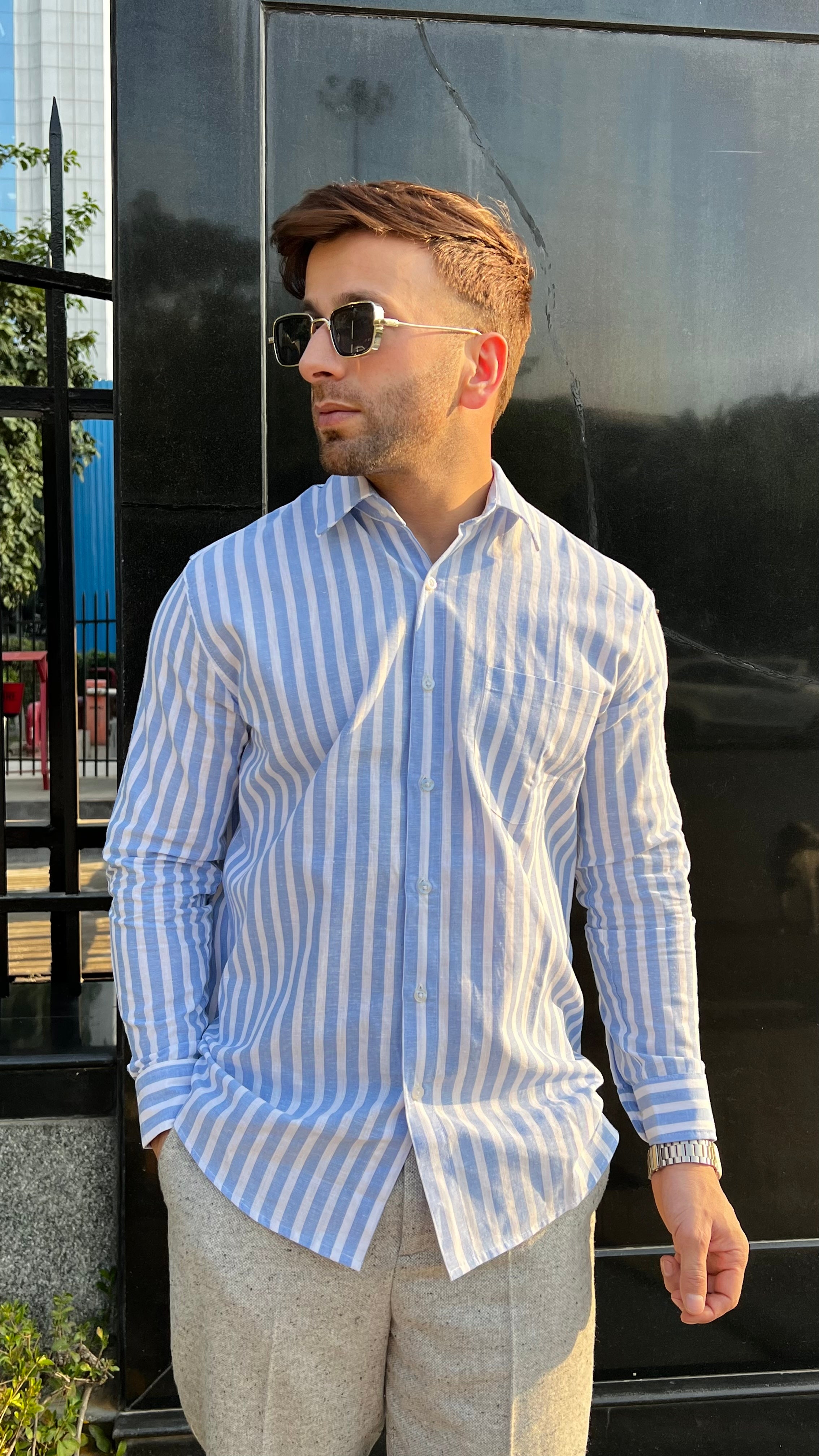 Blue White Striped Linen Shirt