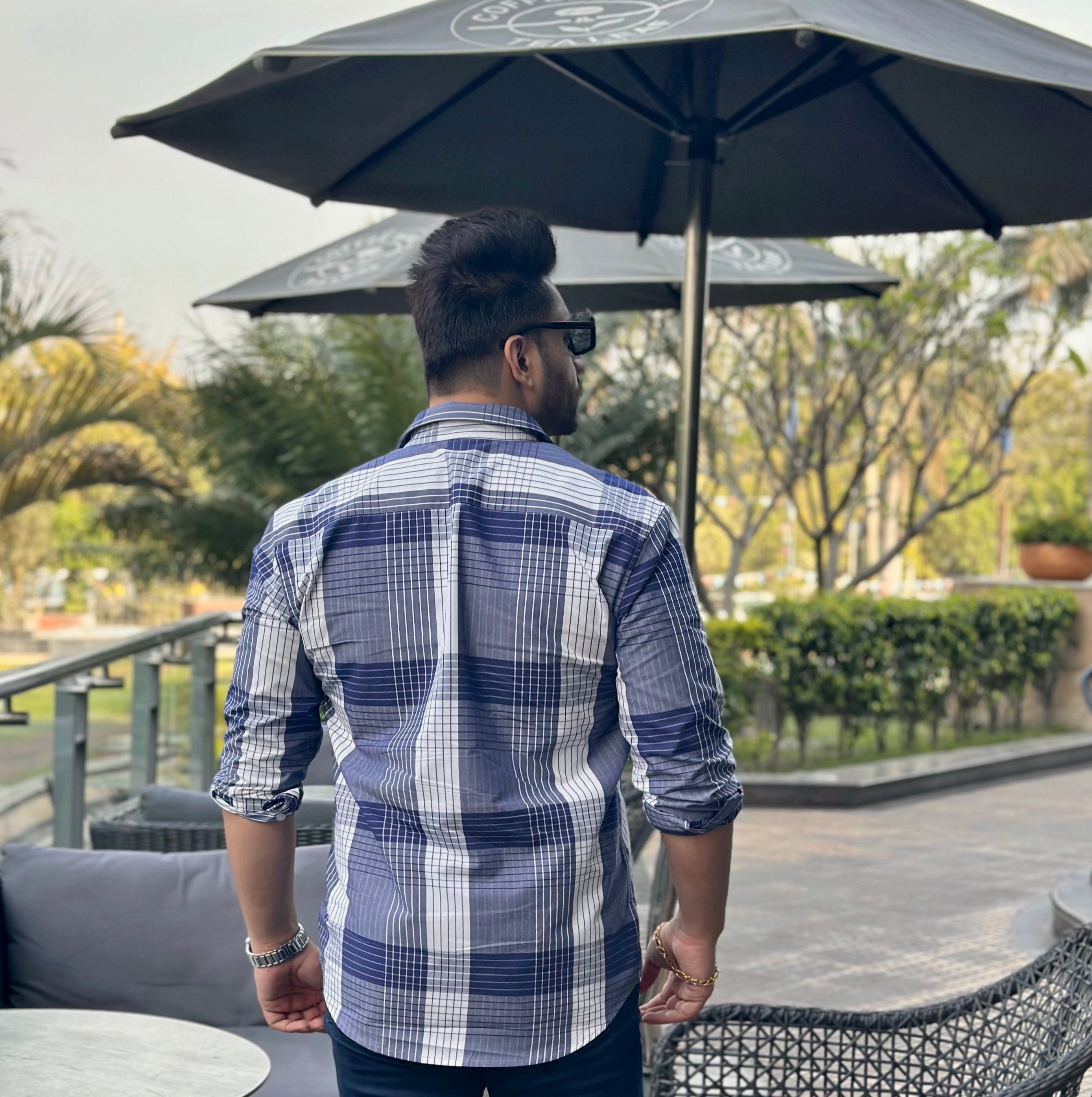 Blue White Check Full Sleeve Dobule Pocket Flap Shirt