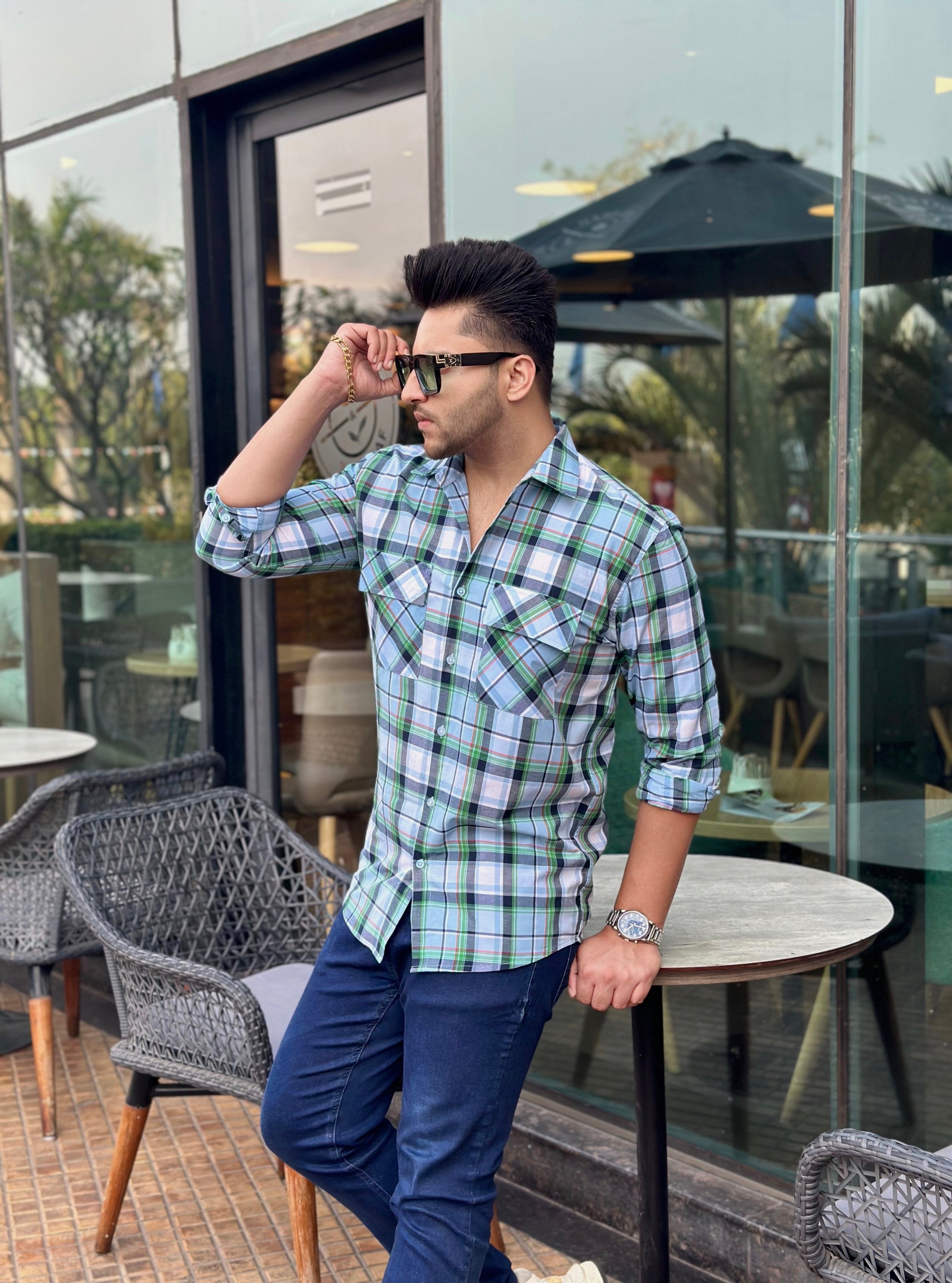 Green Blue Check Dobule Pocket Flap  Shirt