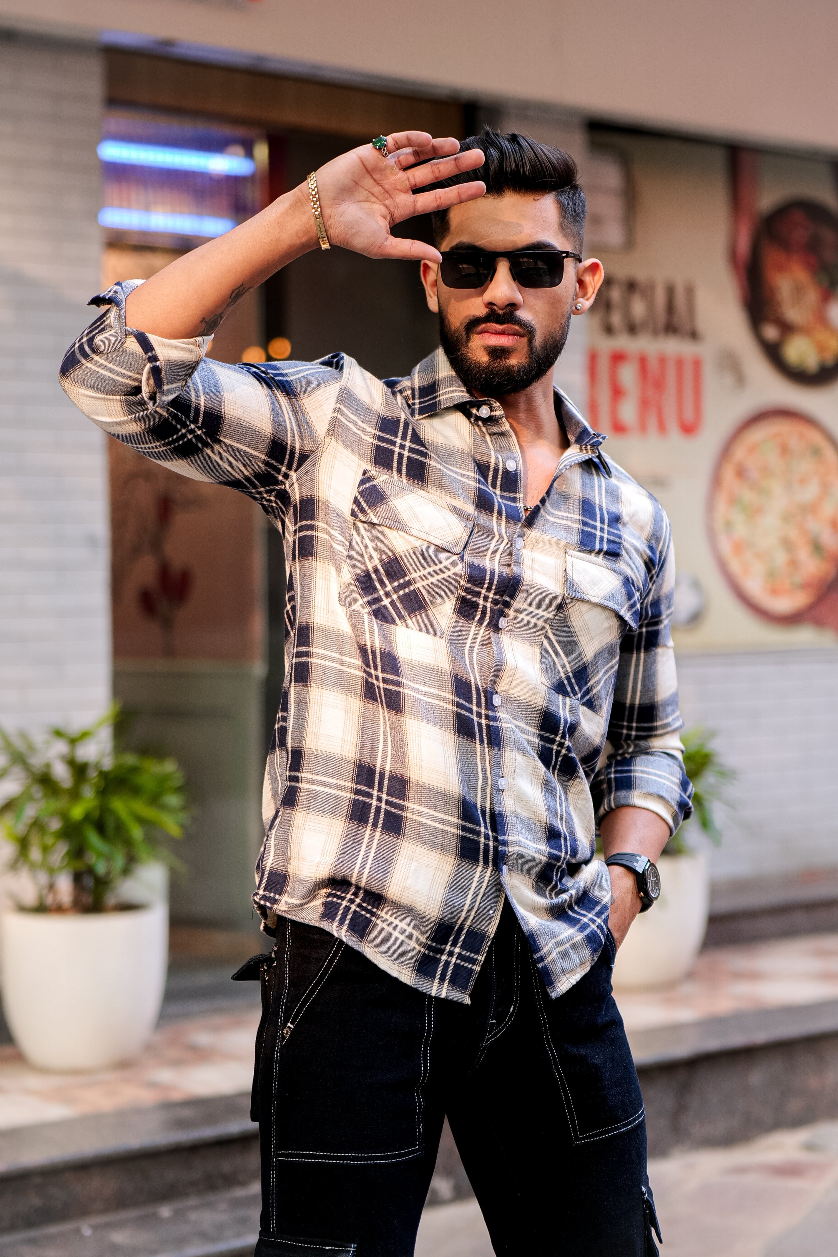 White Checks Double Pocket Flannel Shirt