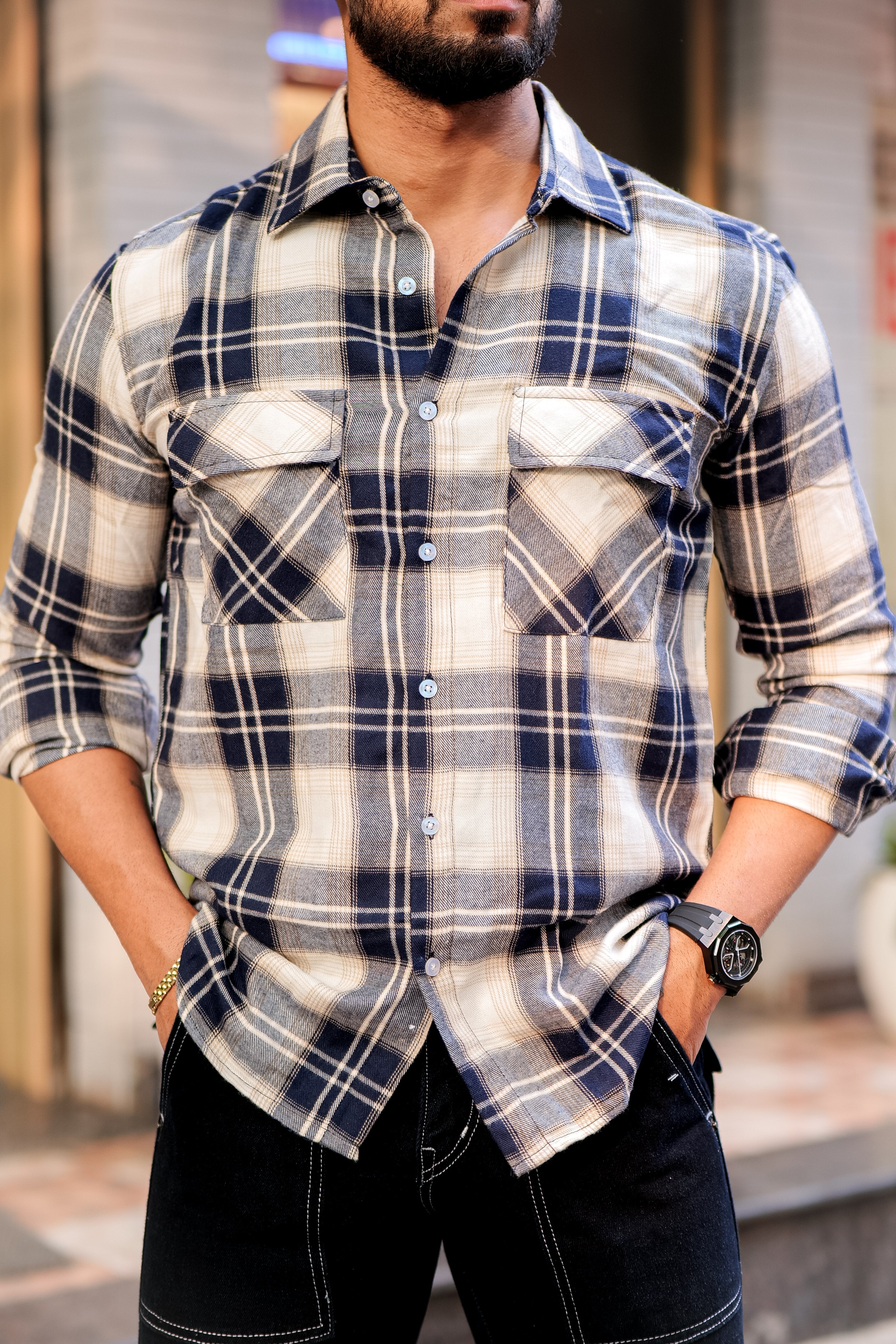 White Checks Double Pocket Flannel Shirt