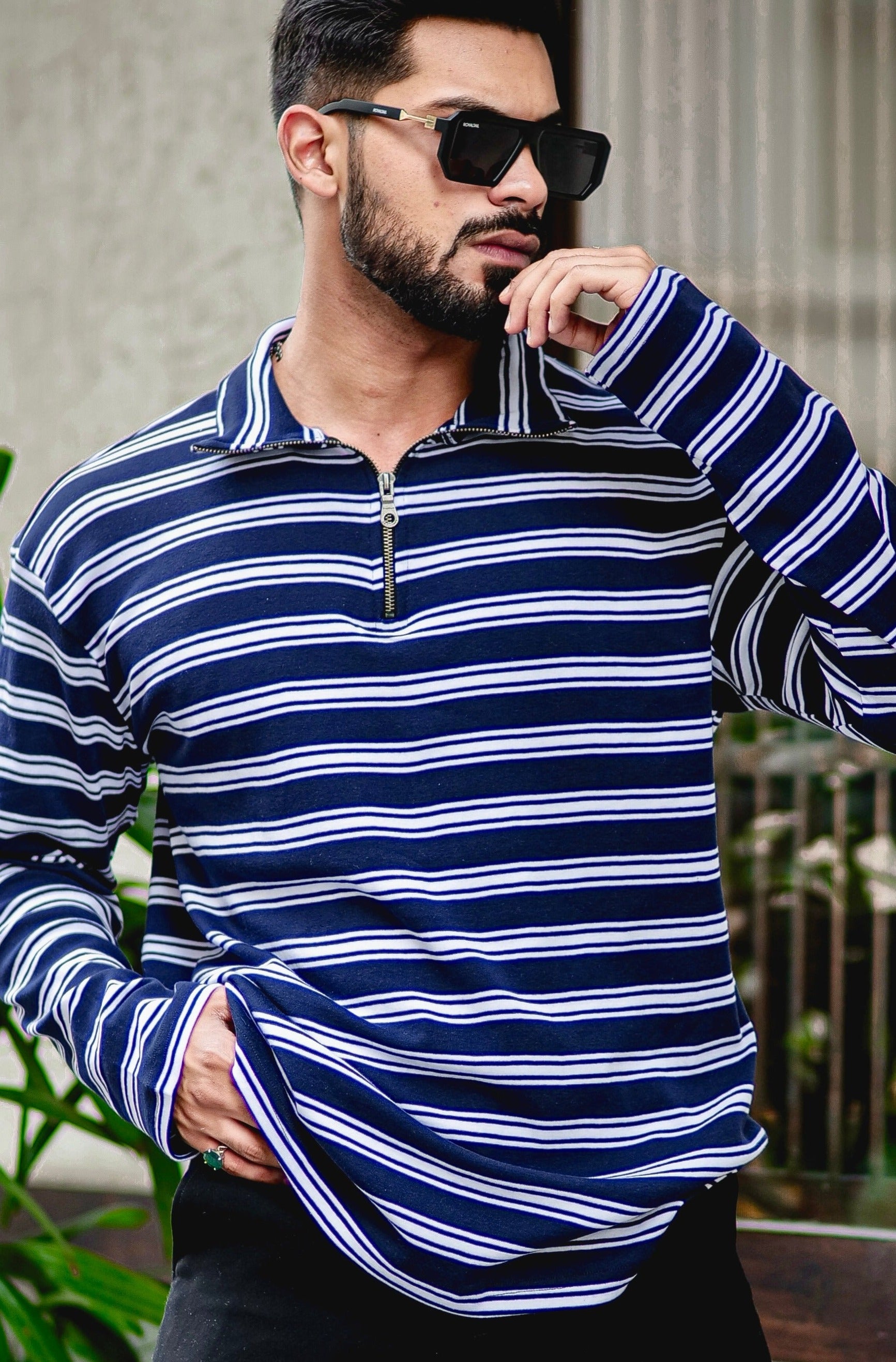 White/ Blue Stripe Cotton Zipper T-Shirt