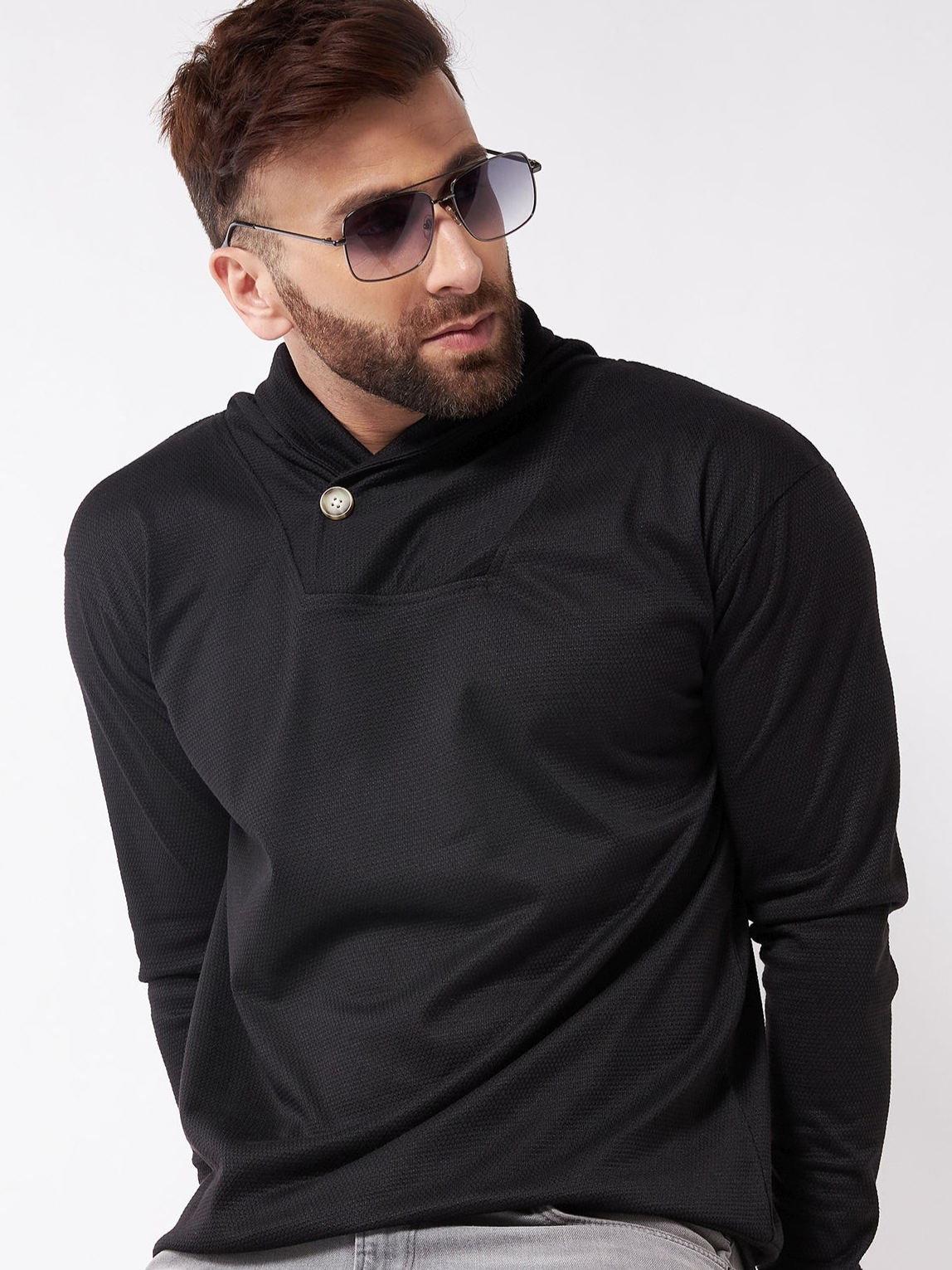 Black Trendy Shawl Neck Solid Sweatshirt