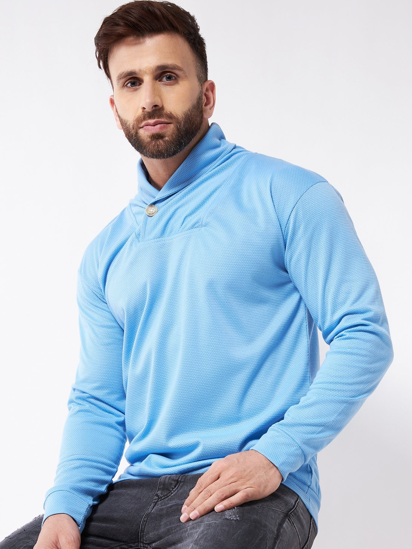 Sky Blue Trendy Shawl Neck Solid Sweatshirt