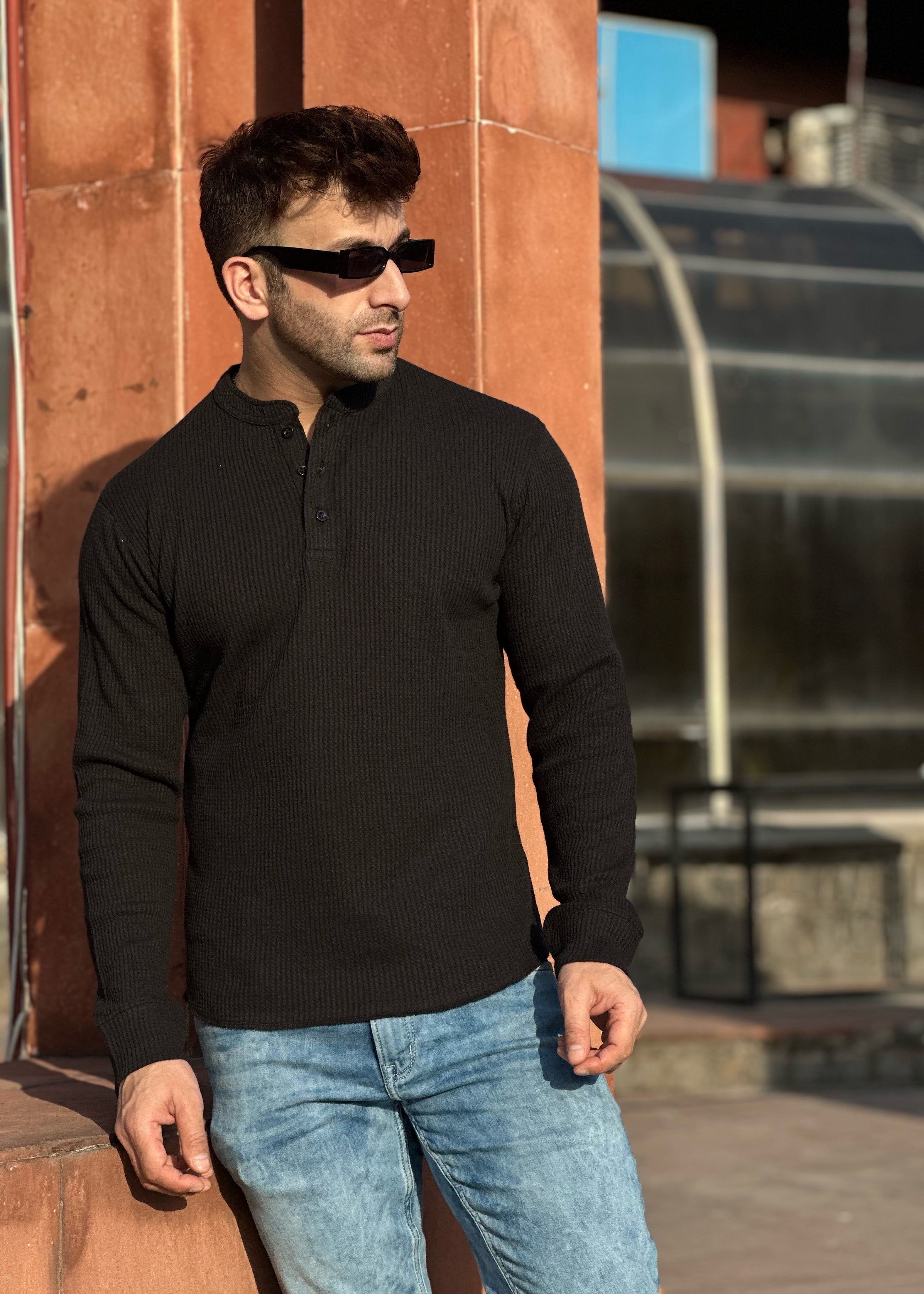 Black Self Waffle Knit Henley T-Shirt