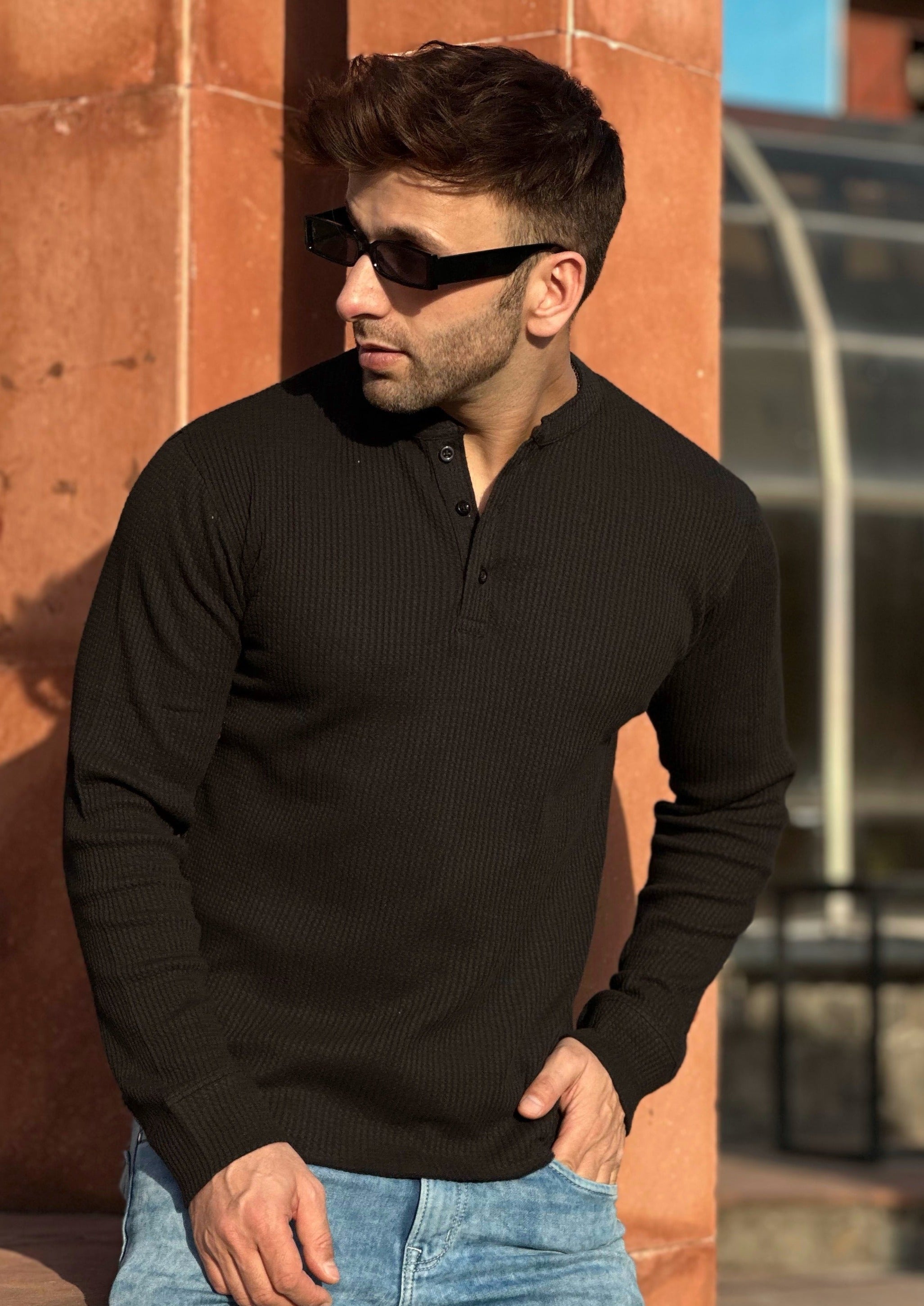 Black Self Waffle Knit Henley T-Shirt