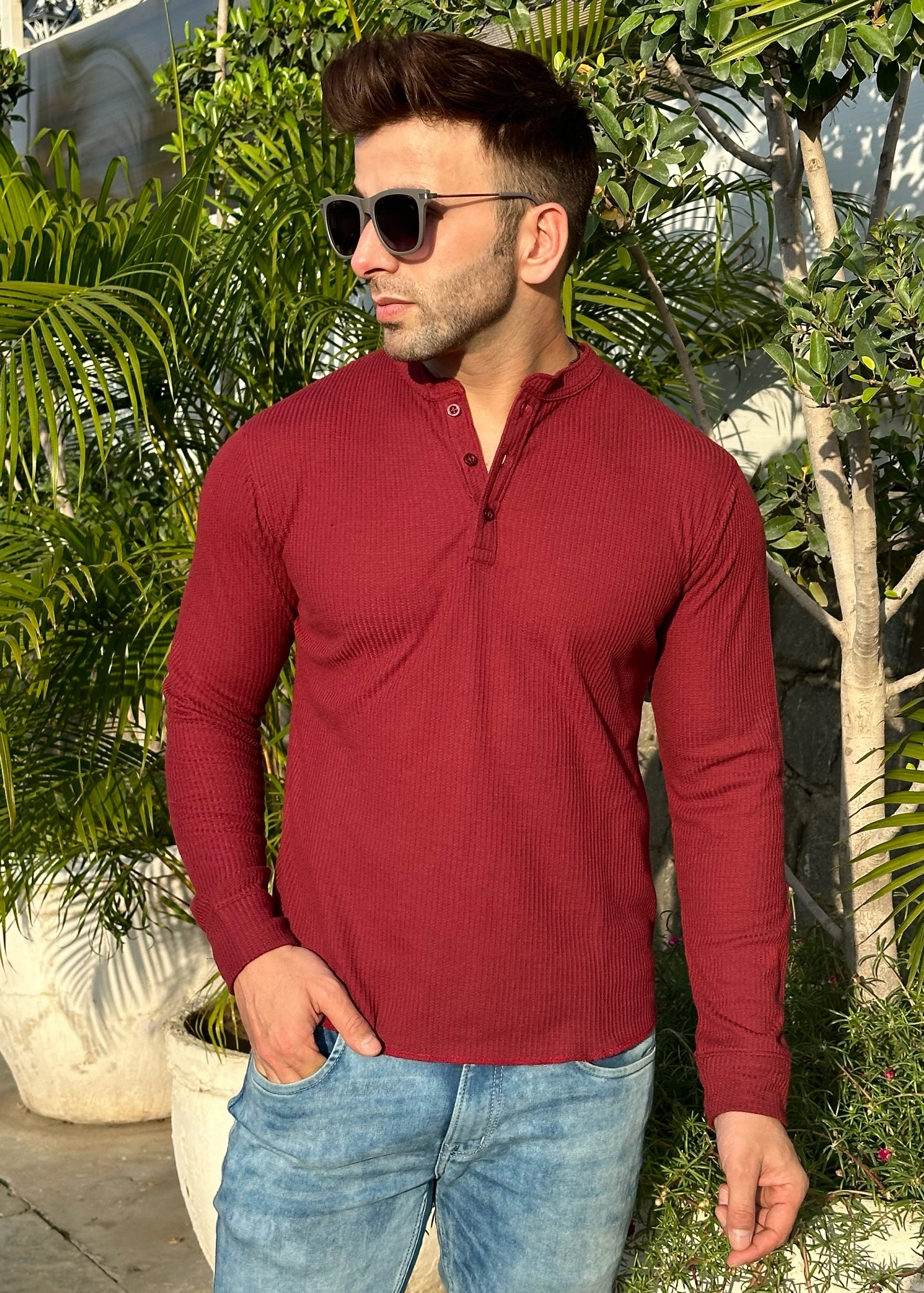 Maroon Self Waffle Knit Henley T-Shirt