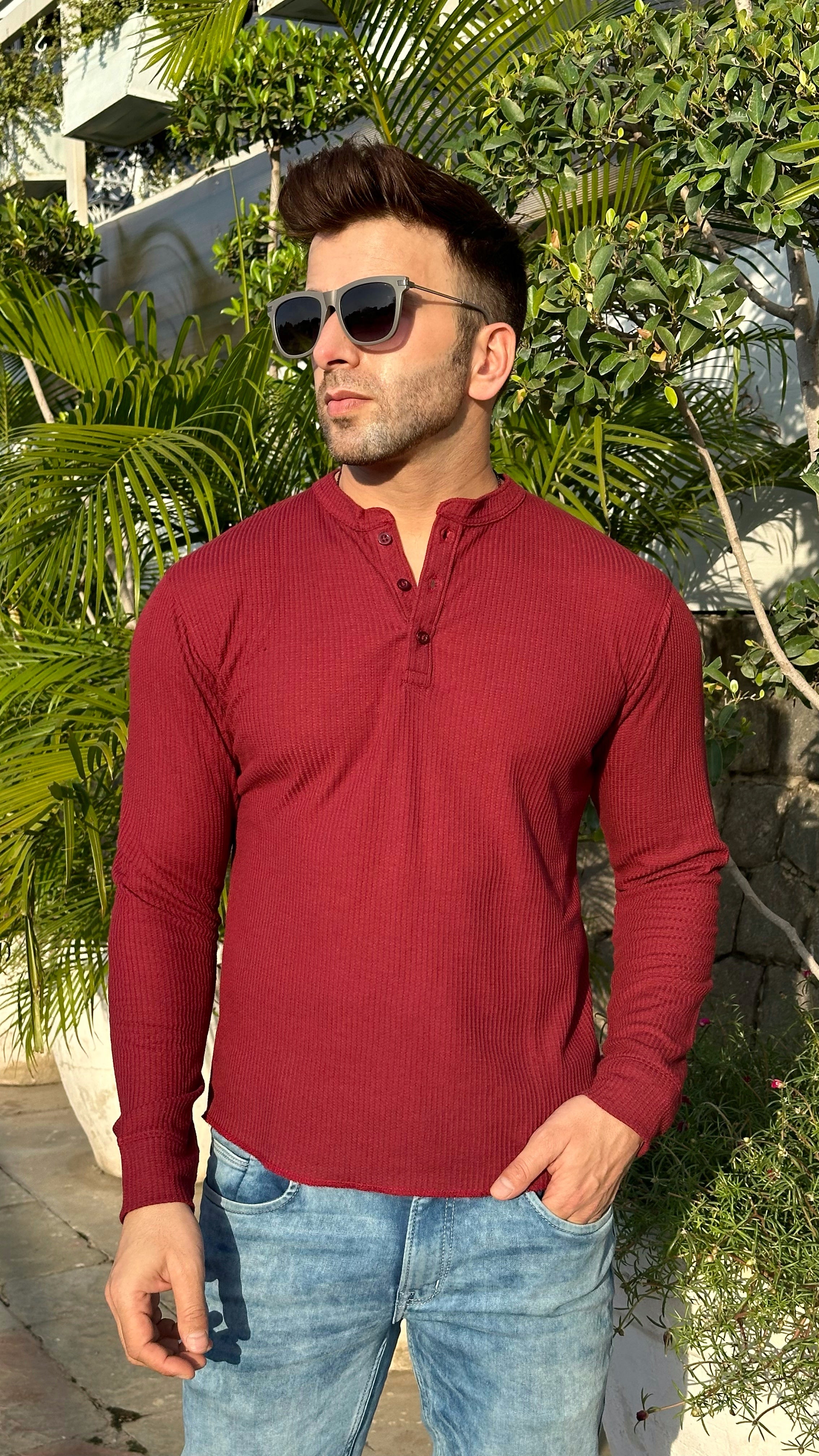 Maroon Self Waffle Knit Henley T-Shirt