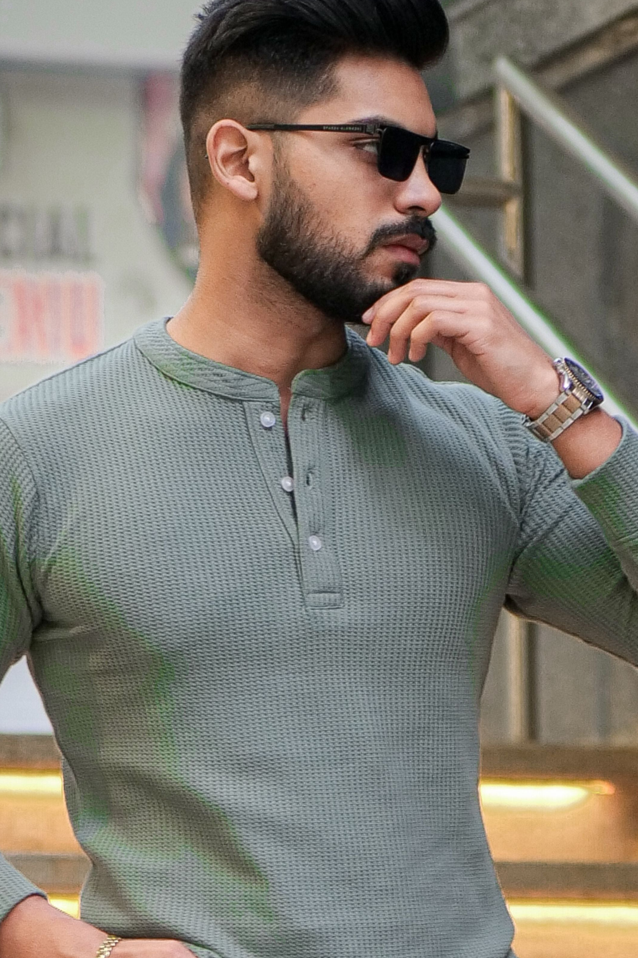 Greenish Grey Self Waffle Knit Henley T-Shirt