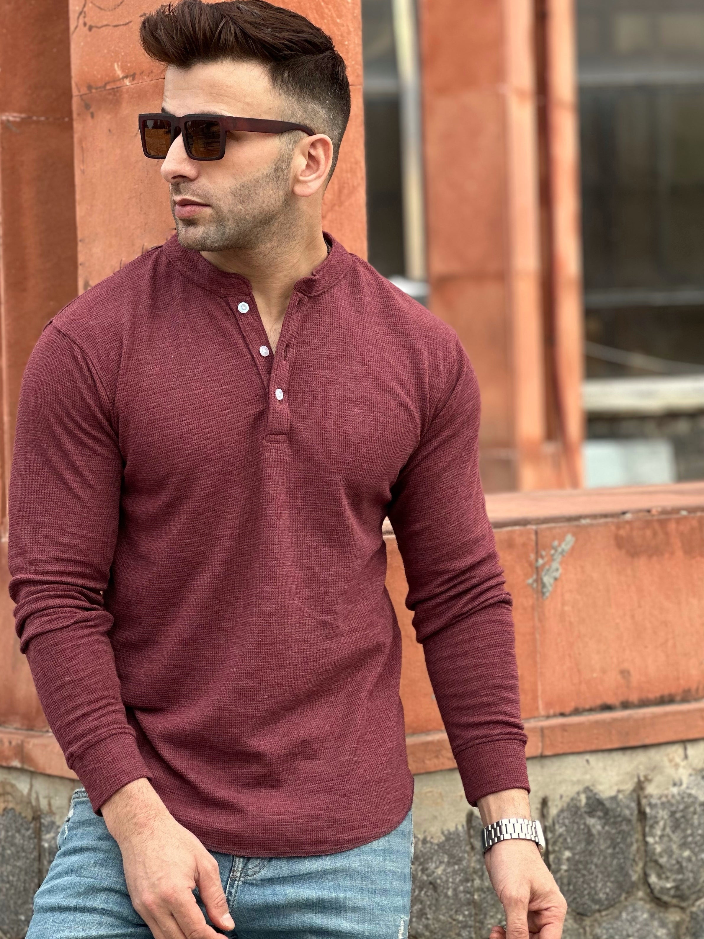 Light Maroon Waffle Knit Henley Neck T-Shirt