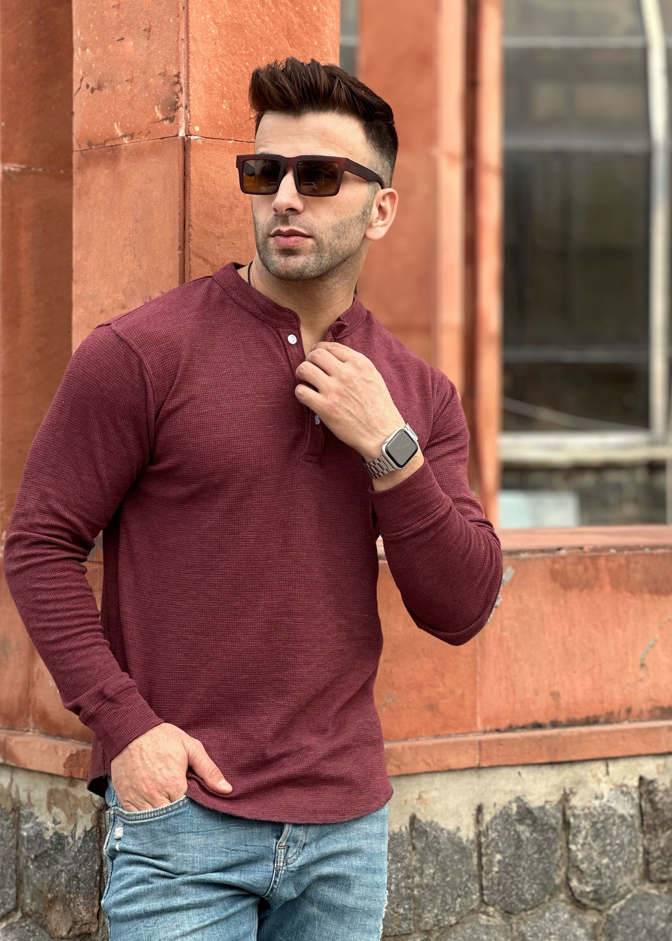 Light Maroon Waffle Knit Henley Neck T-Shirt