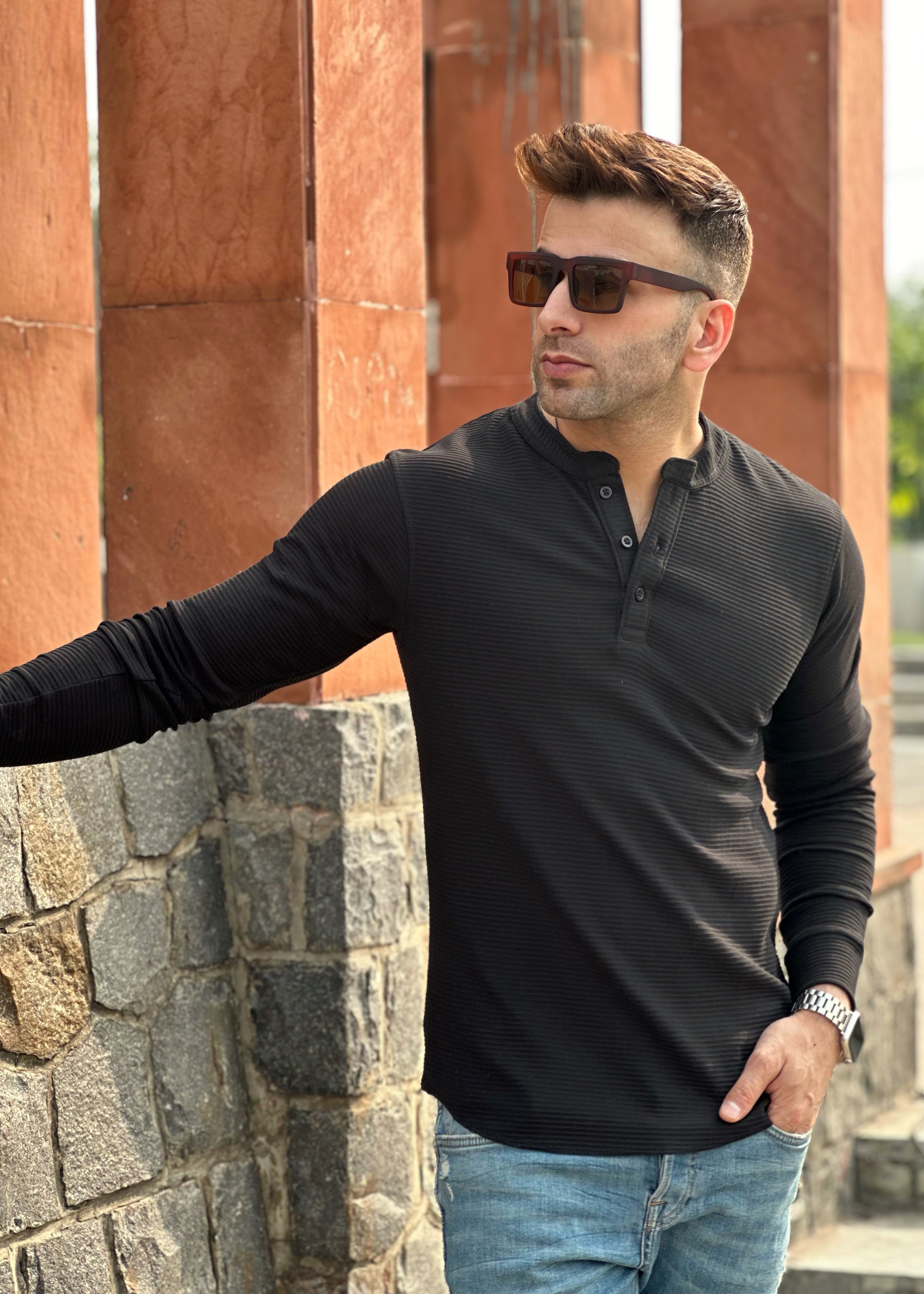 Black Self Design Henley Neck T-Shirt