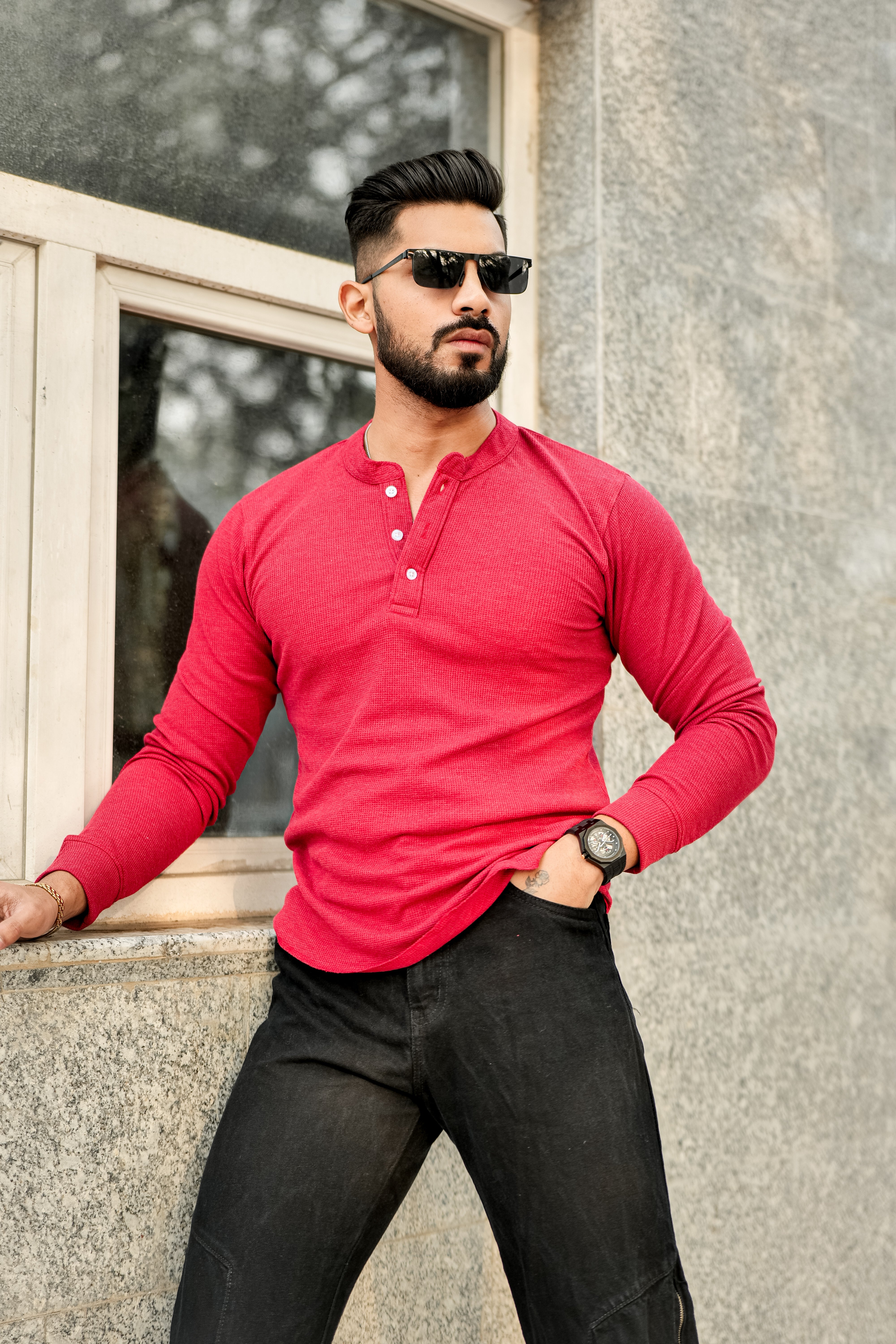 Red Self Waffle Knit Henley T-Shirt