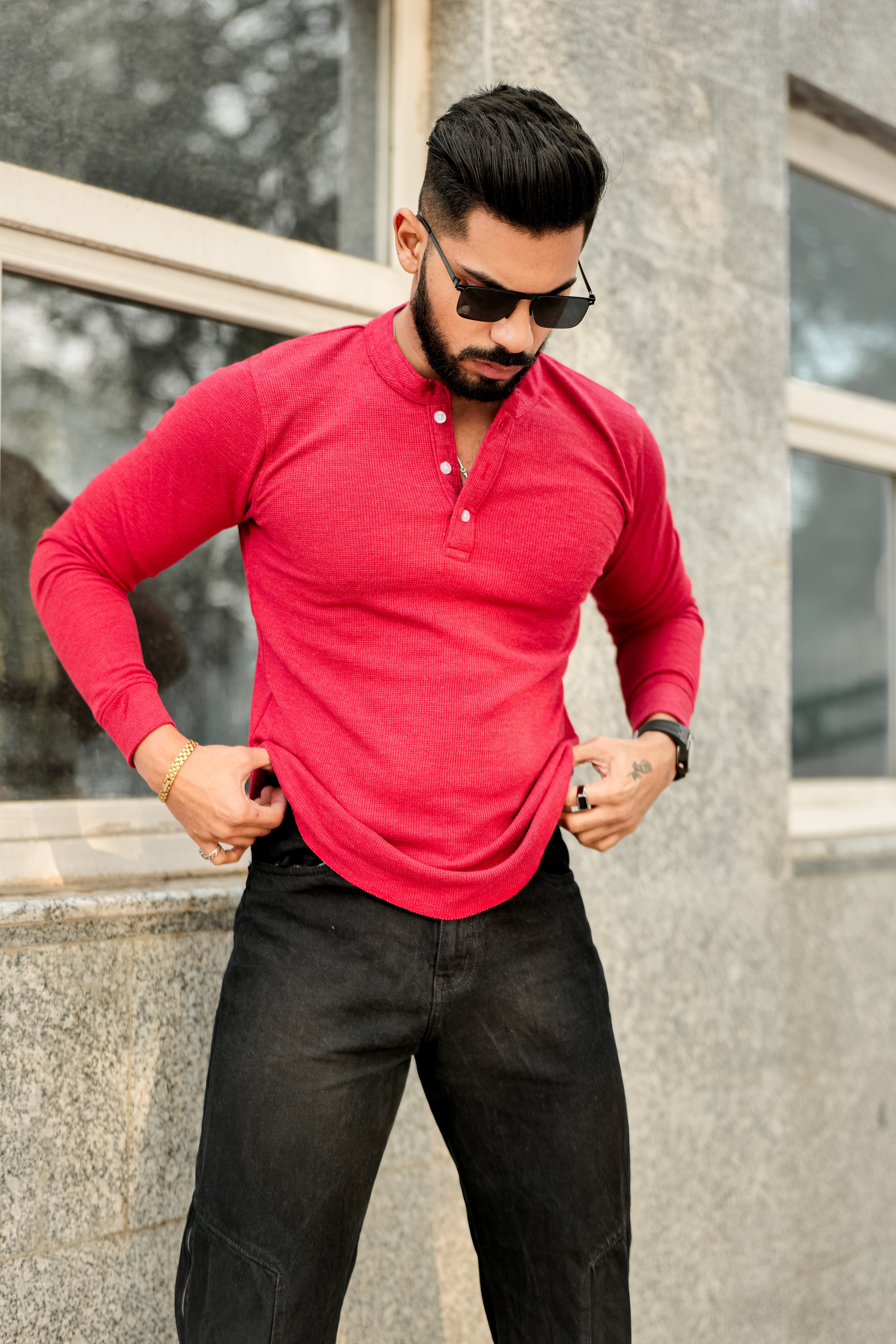 Red Self Waffle Knit Henley T-Shirt