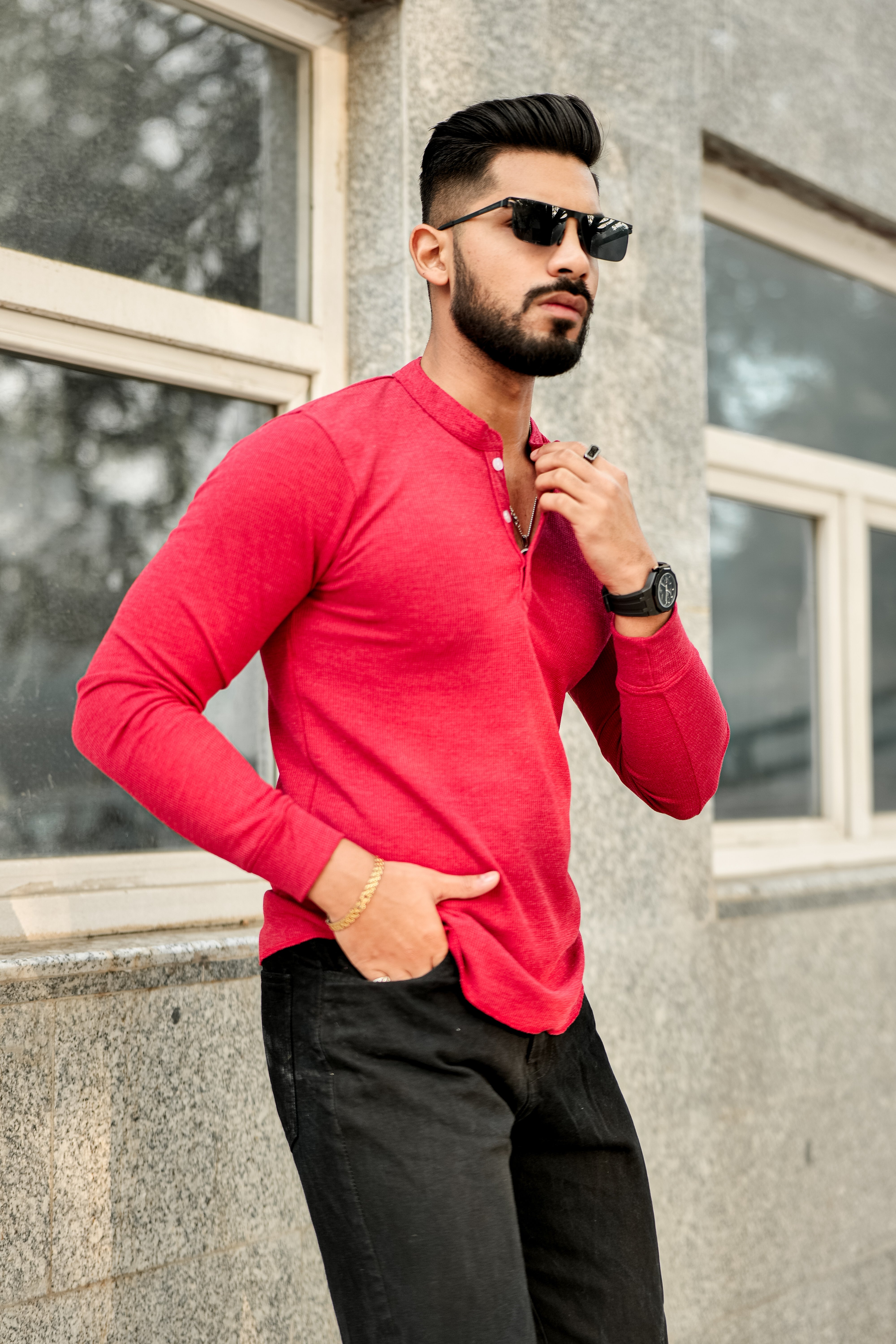 Red Self Waffle Knit Henley T-Shirt