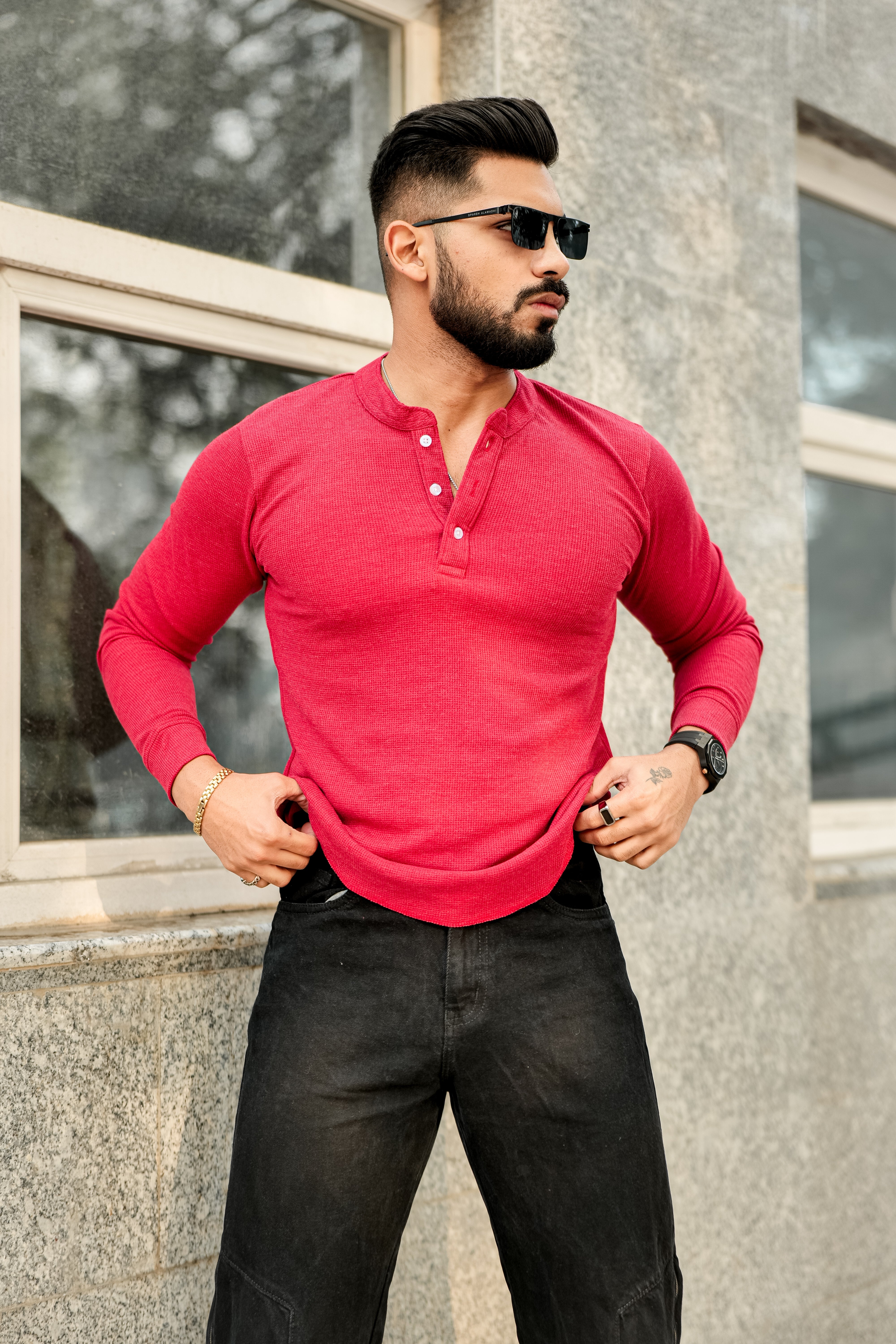 Red Self Waffle Knit Henley T-Shirt