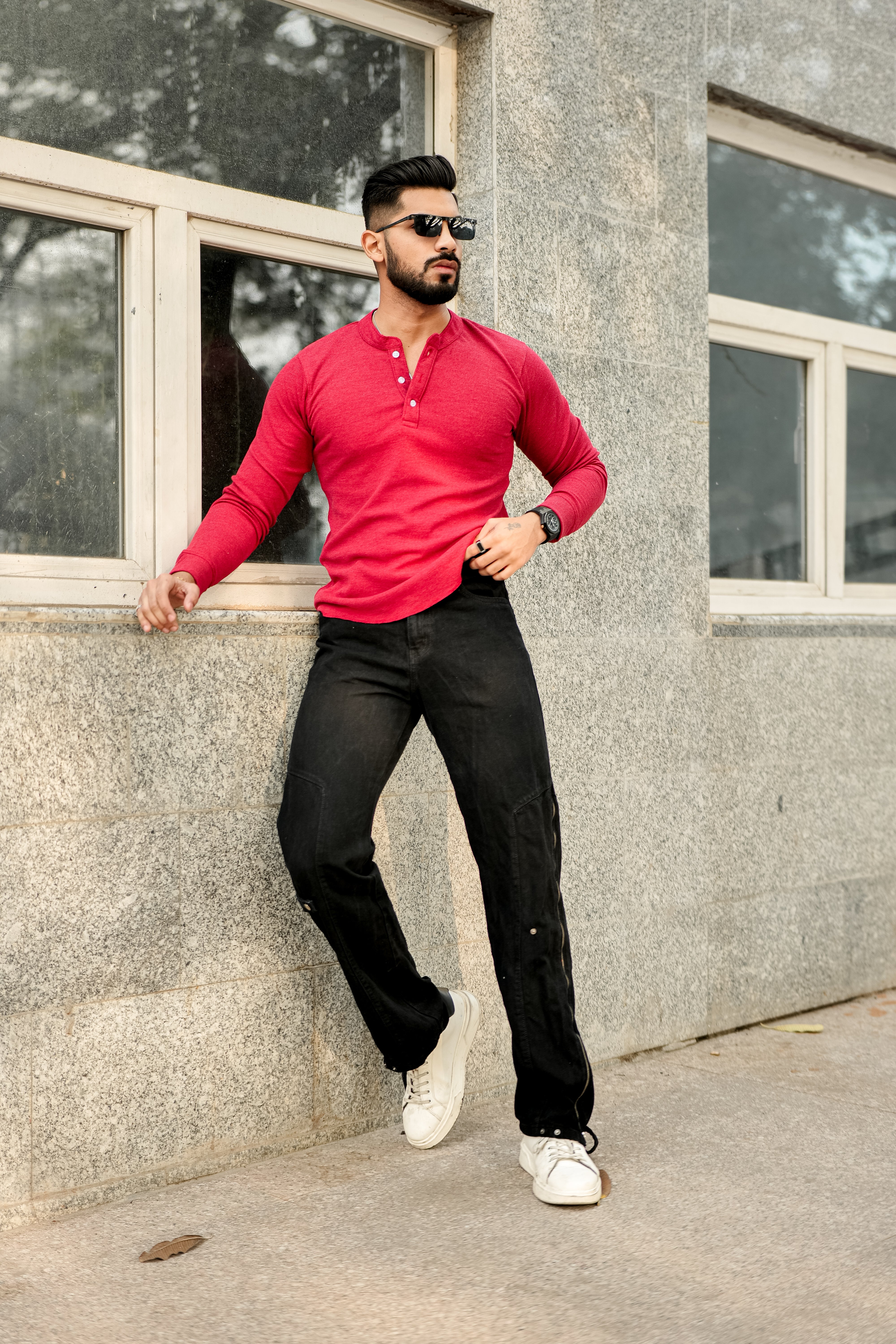 Red Self Waffle Knit Henley T-Shirt