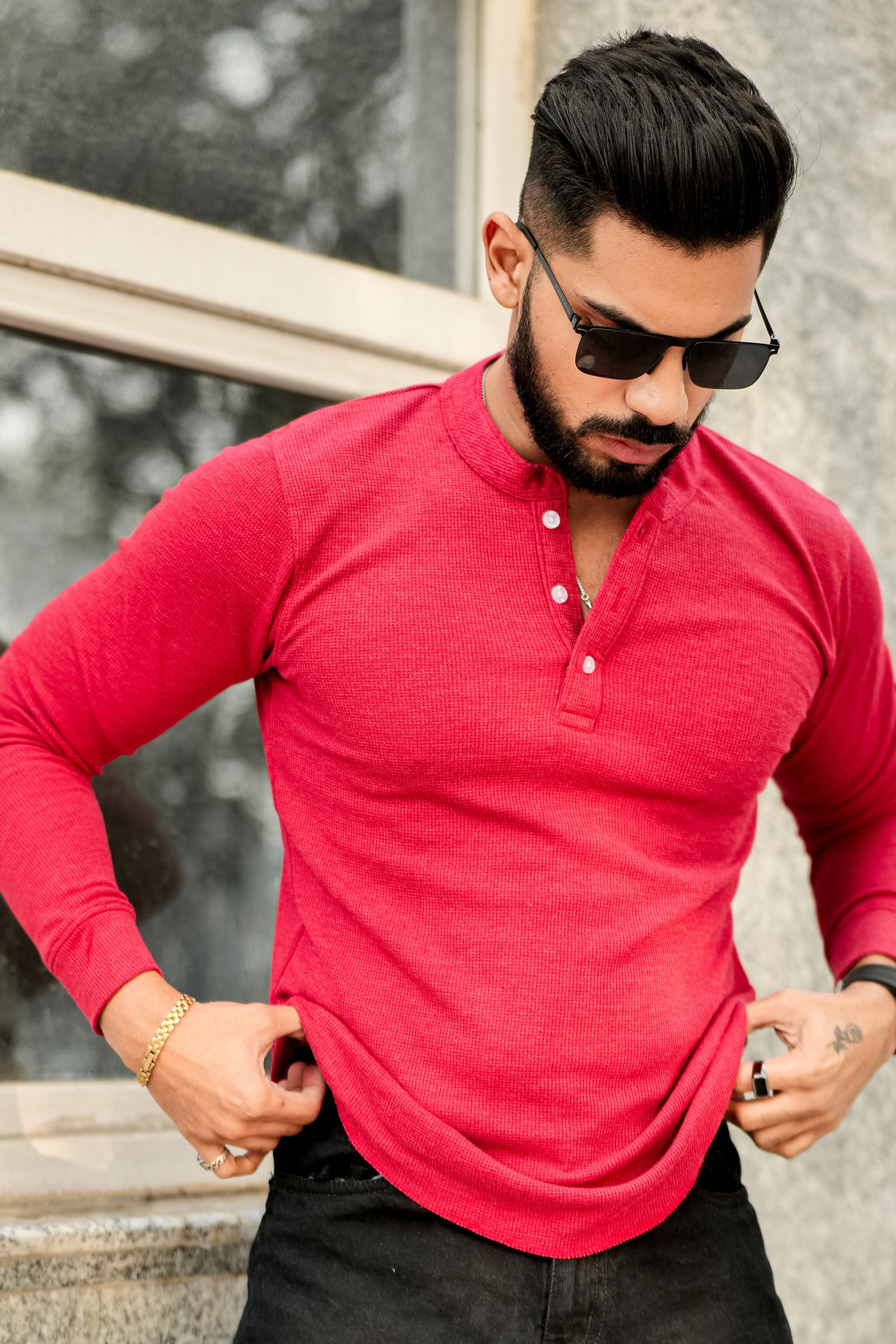 Red Self Waffle Knit Henley T-Shirt