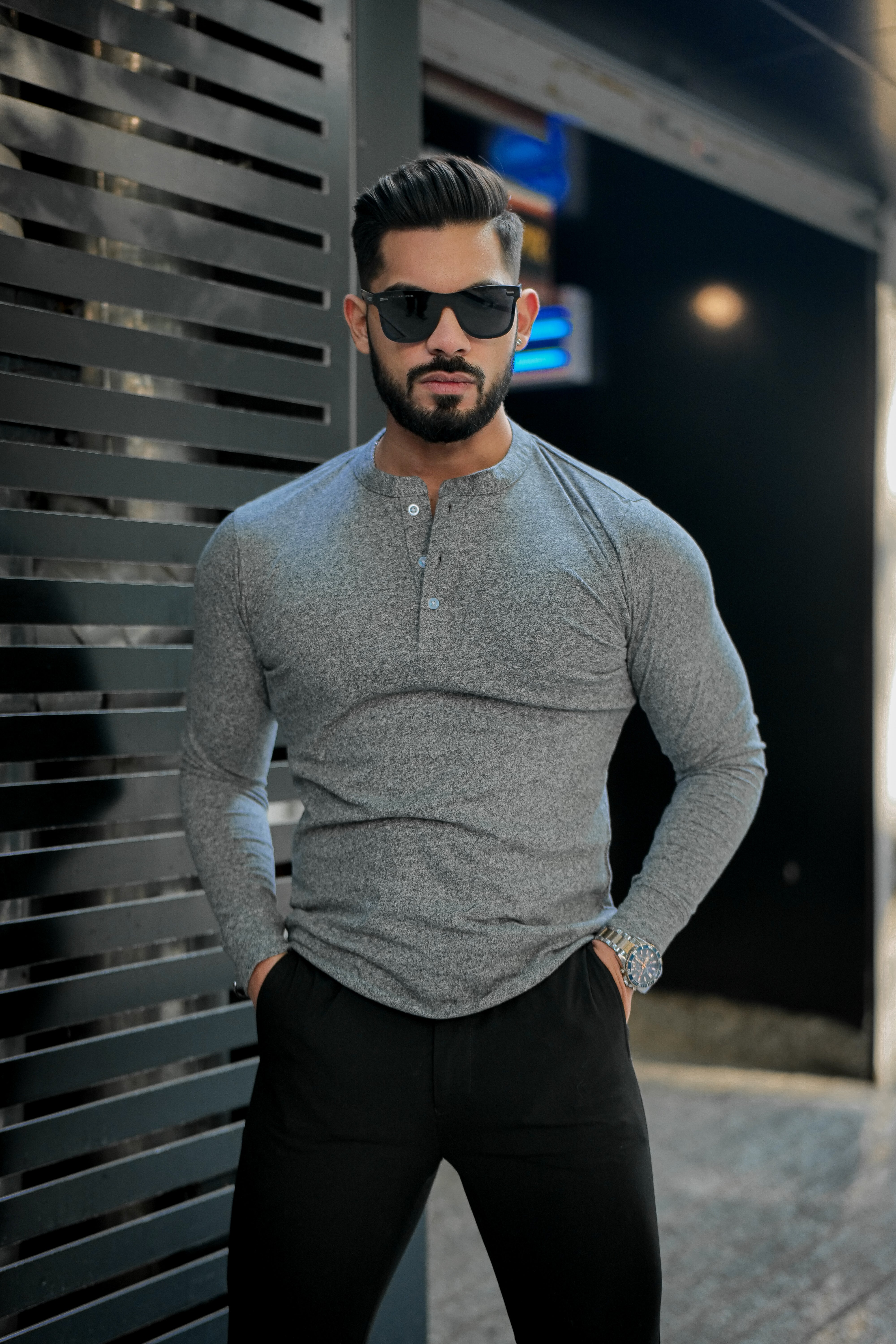 Grey Self Design Henley T-Shirt