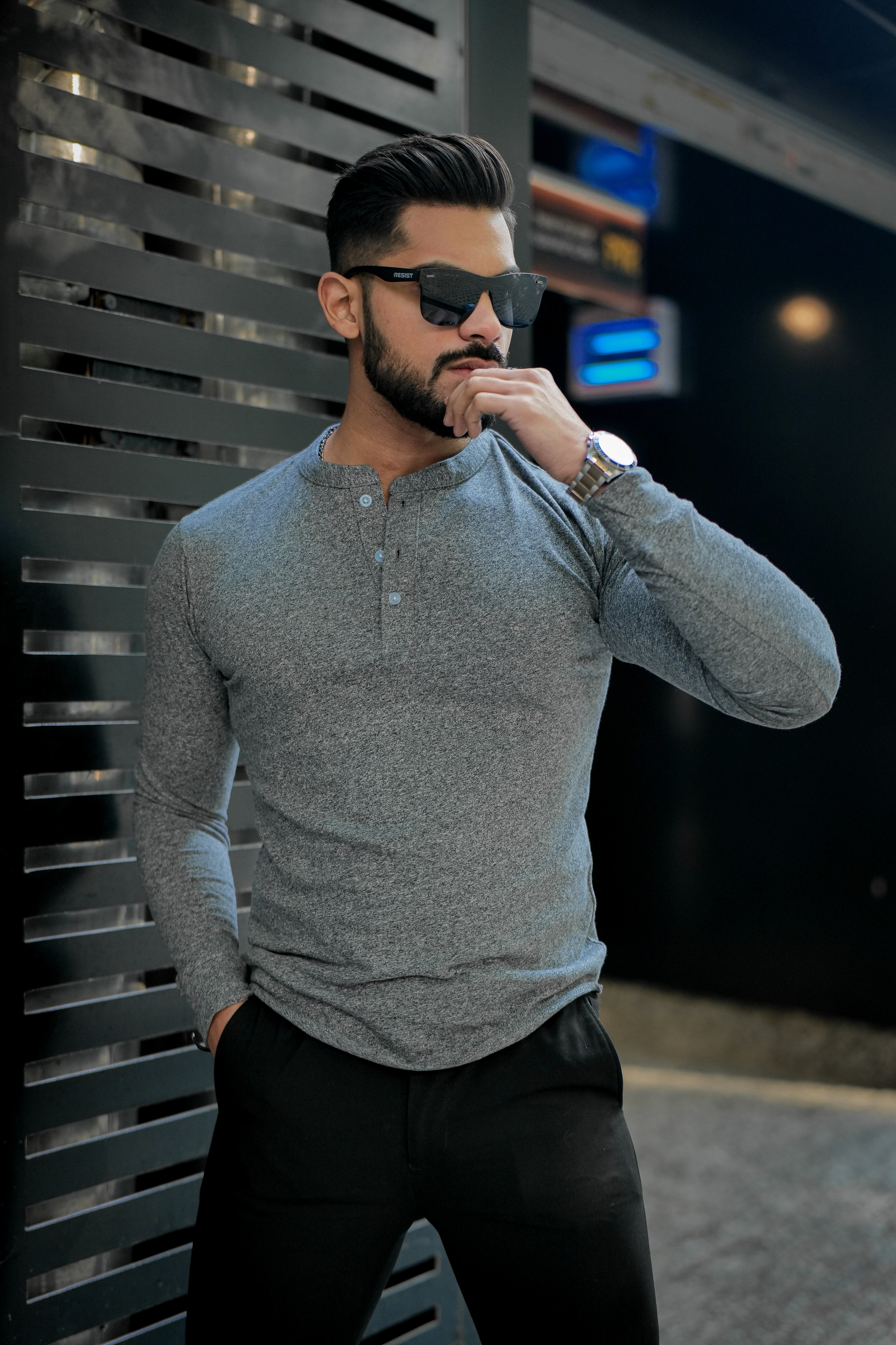 Grey Self Design Henley T-Shirt