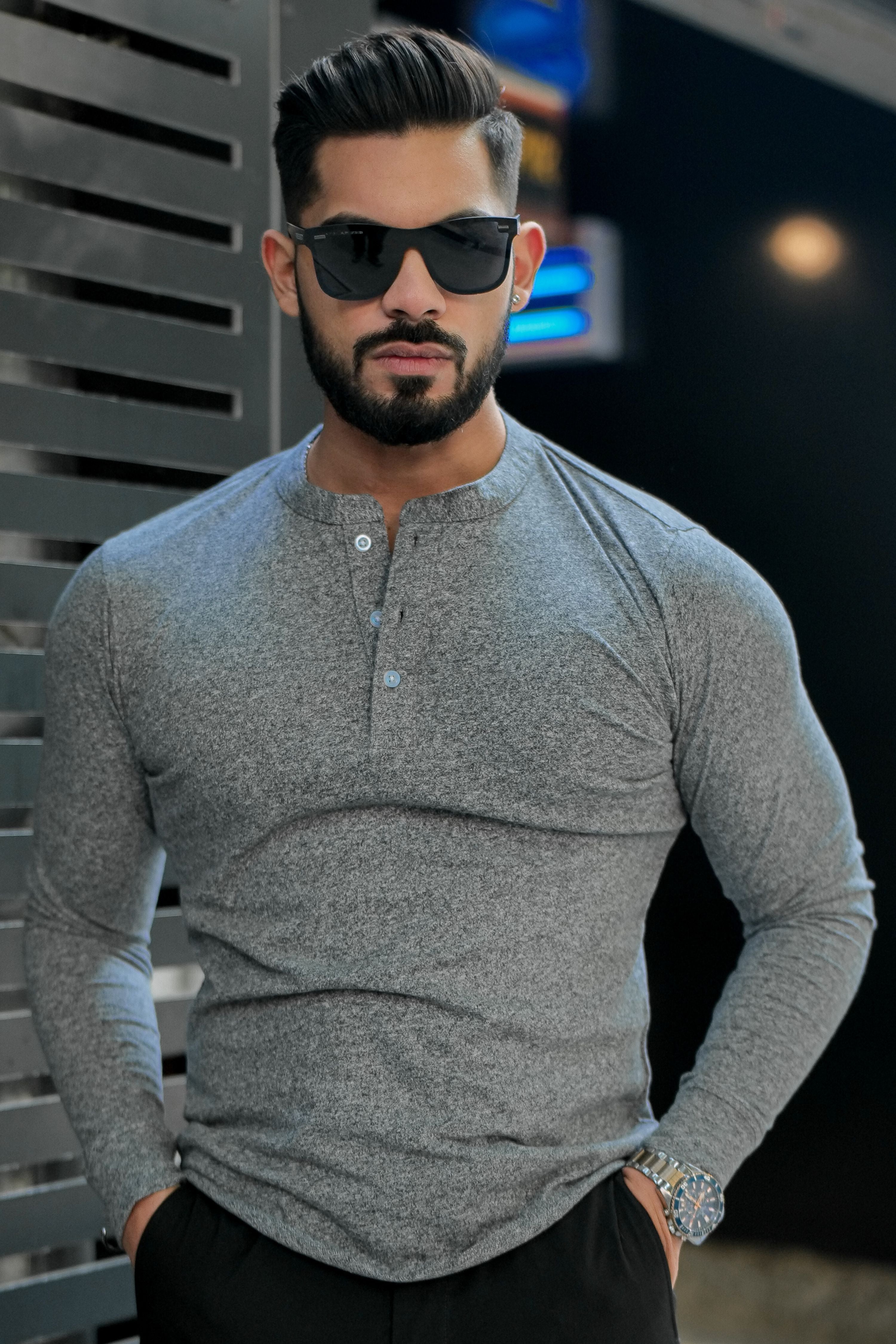 Grey Self Design Henley T-Shirt